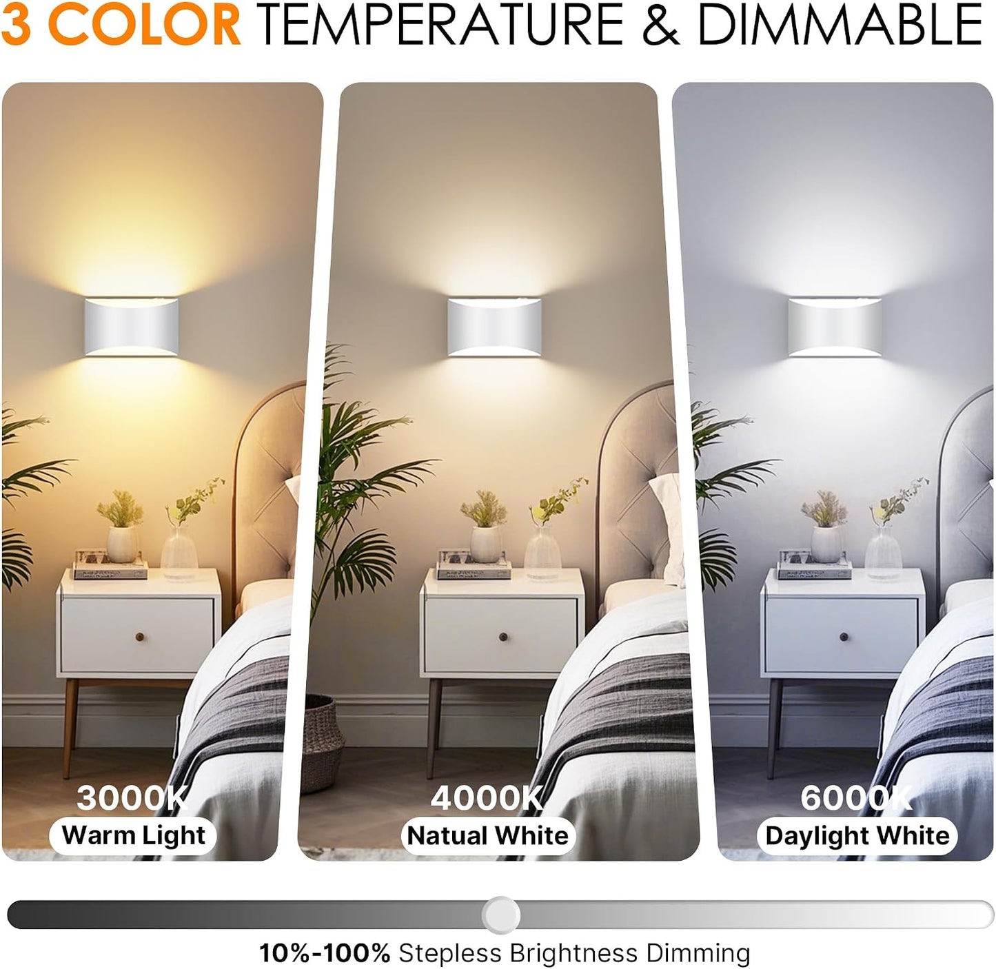Battery Operated Wall Sconces Set of 2 Rechargeable Wireless White | 8000mAh Remote & Touch Control Wall Lamps 3 Color