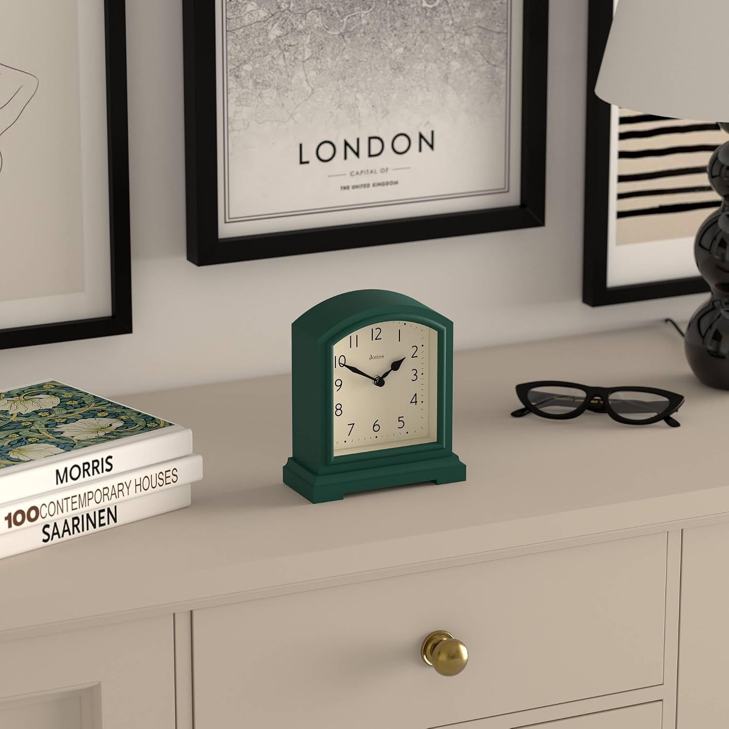 JONES CLOCKS® Tavern Mantel Clock | Modern Arch top Design | Dark Green | Contemporary Classic Style for Desk, Table