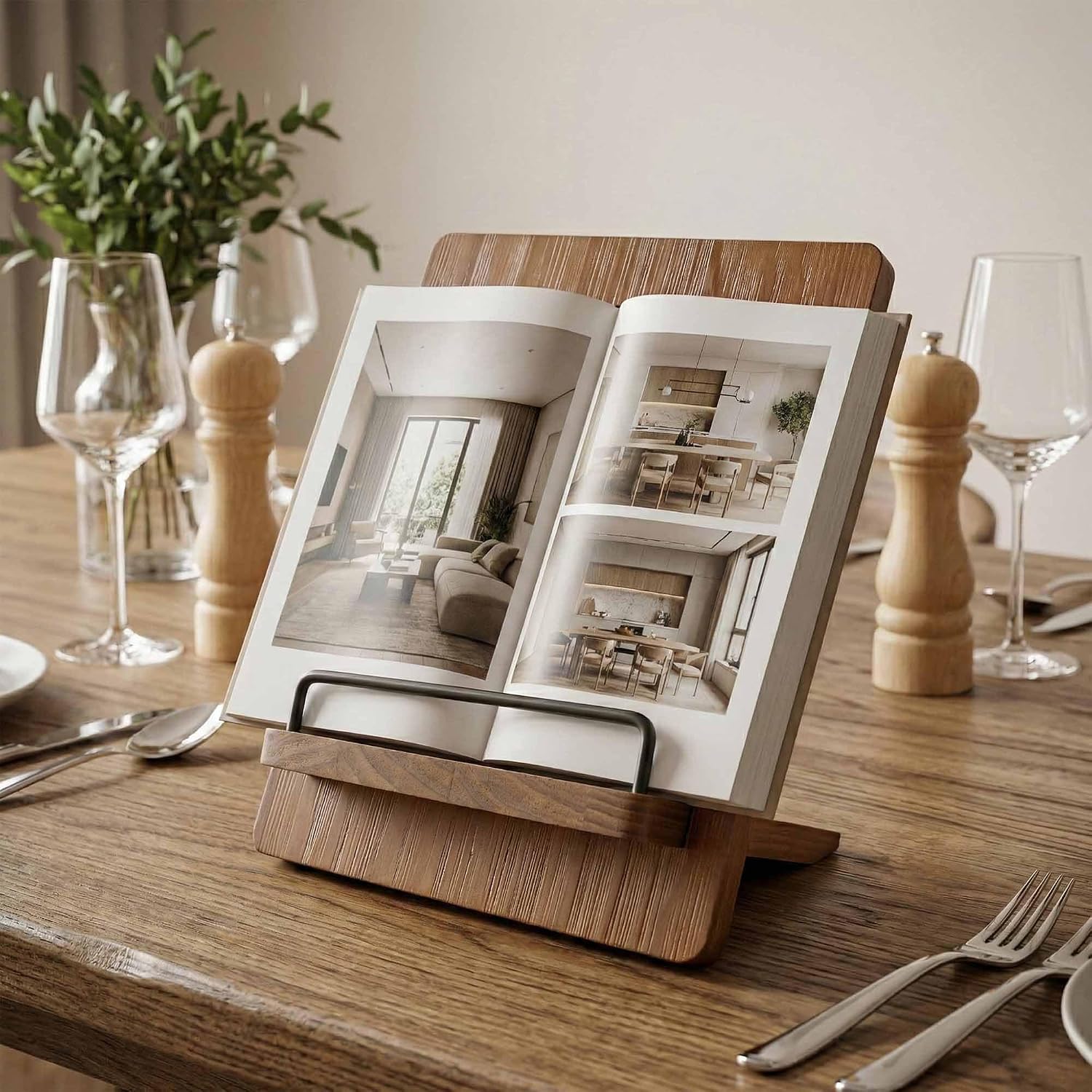 Wood Cookbook Stand Holder: Kitchen Adjustable Cookbook Holder Recipe Stand | for Counter Brown