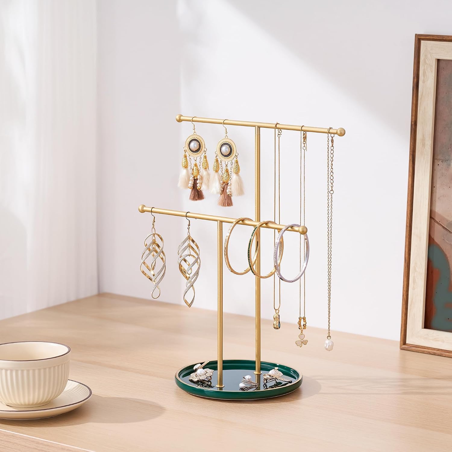 Ceramic Tray / Gold Jewelry Holder Stand / Green Tray Gold Bar