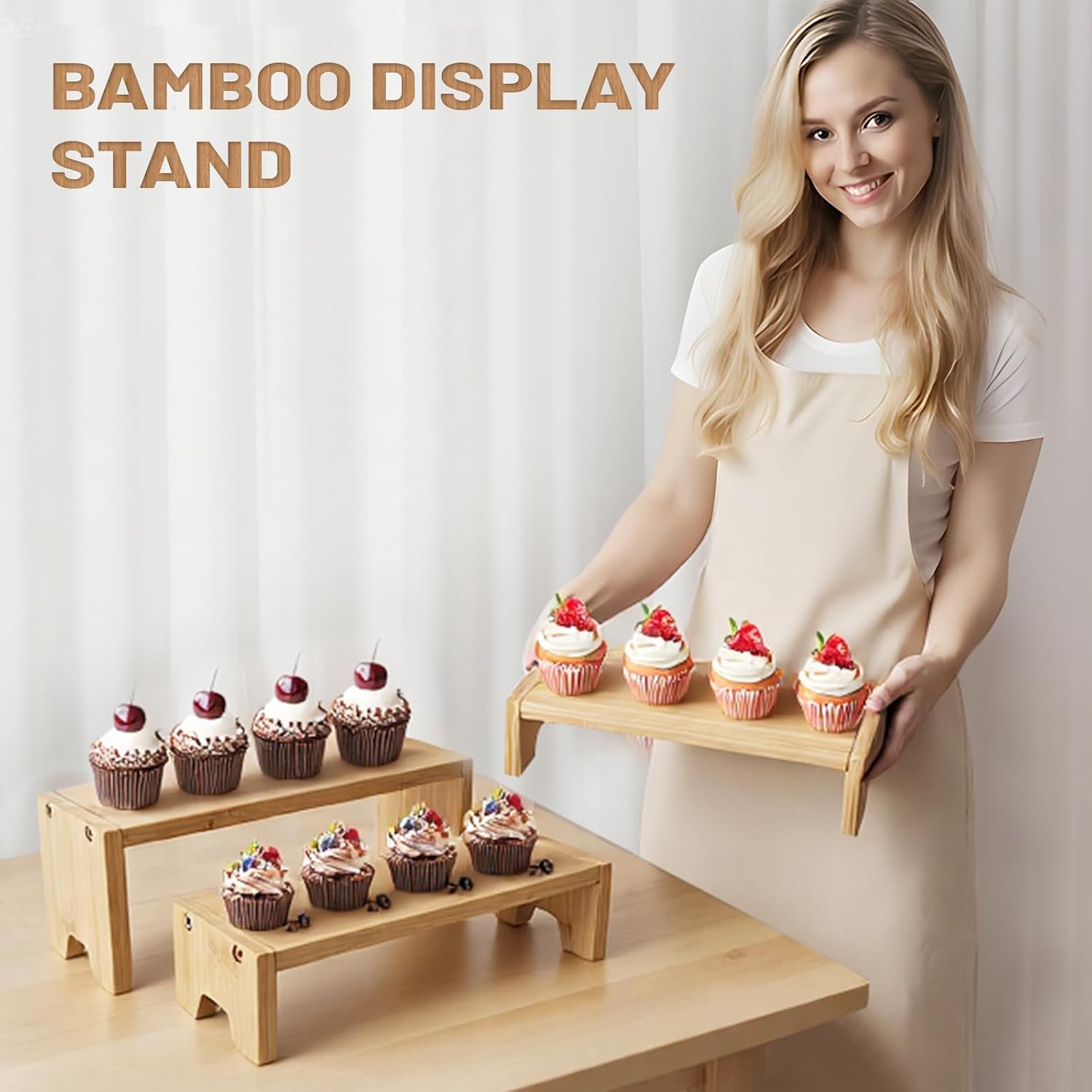 Figurine / 3 Tier Bamboo Display Stand Risers / Natural