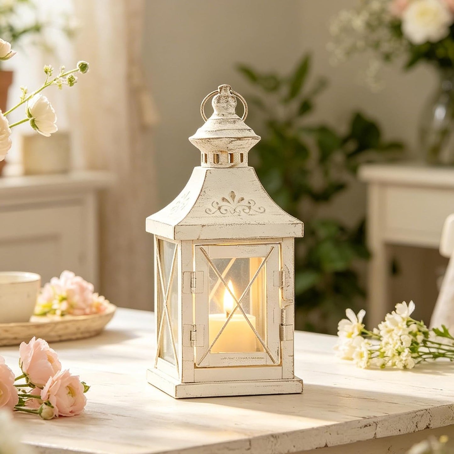 TRIROCKS Set of 2 Decorative Candle Lantern 11'' High Metal Candle Holder Hanging Lantern Perfect for Home Decor