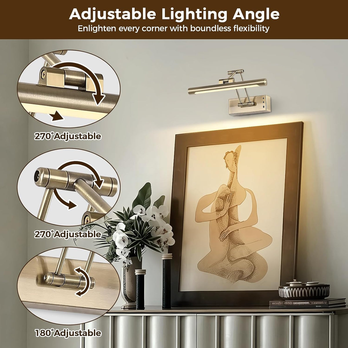Battery Operated Picture Light for Wall, Wireless Art Lights Antique Bronze | Rechargeable Gallery Lights with Remote