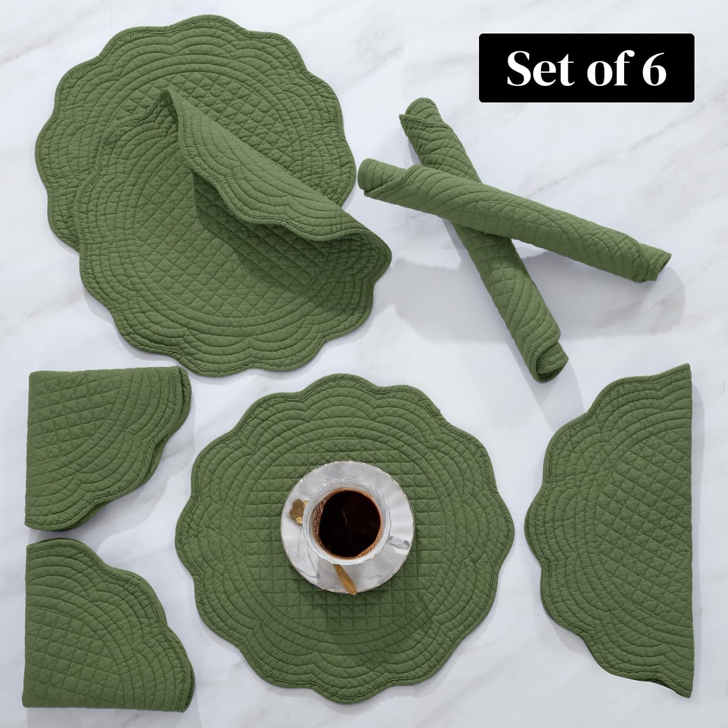 HOMBYS Quilted Placemats Set of 6 Washable Round Placemats for Kitchen Table-100% Cotton Fabric 14 Inch Round Table
