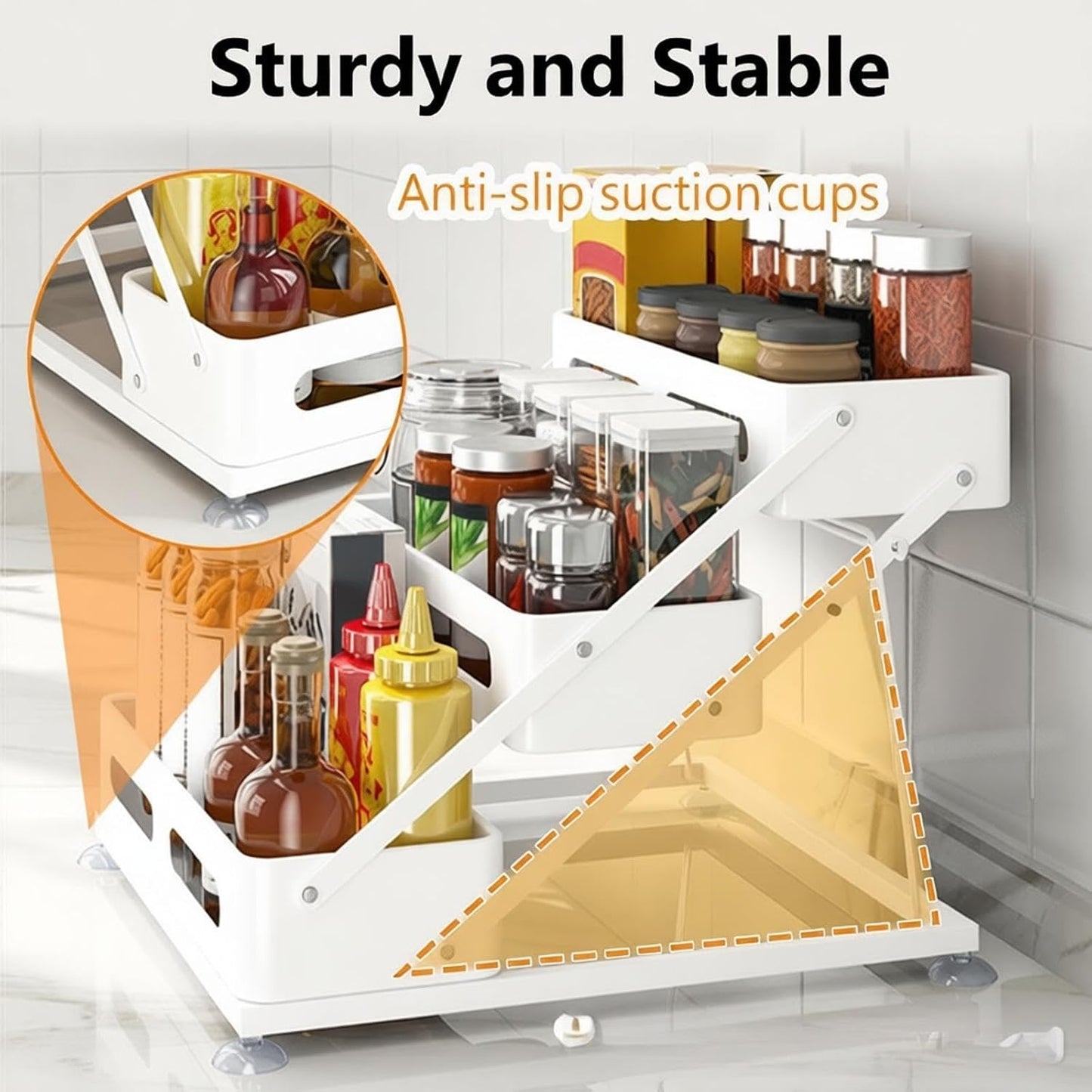 Ceetug 3 Tier Foldable Spice Rack, White | Iron, For Countertop, Kitchen Seasoning Organizer, For Cabinet