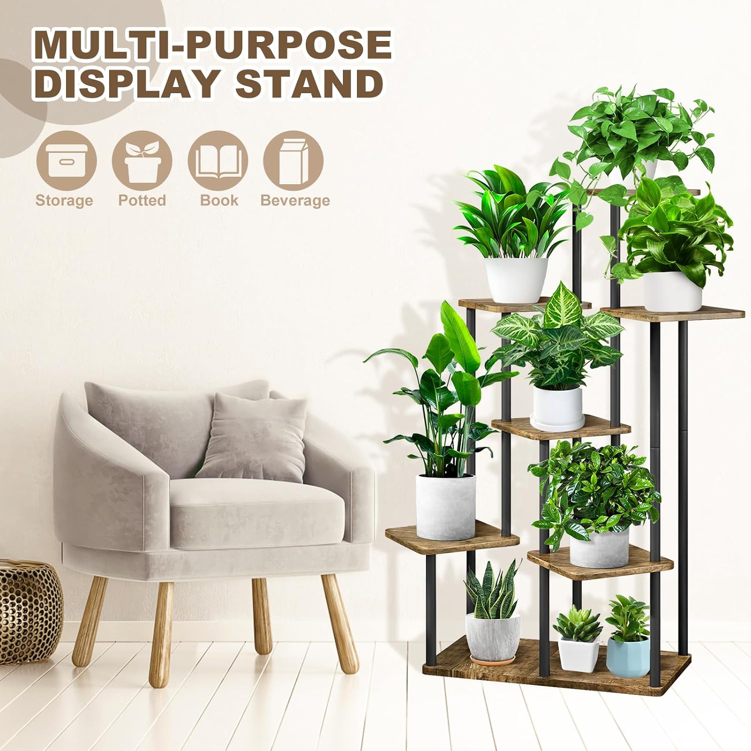 7 Tier Plant Stand Indoor, Thickened Metal Wood Corner Plant Shelf Stands for Multiple Plants, Indoor Tall Plants Stand