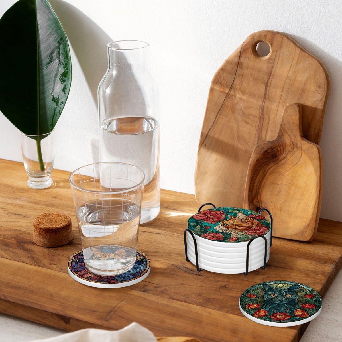 Metal Holder Stand / Stained Glass Cat / Round