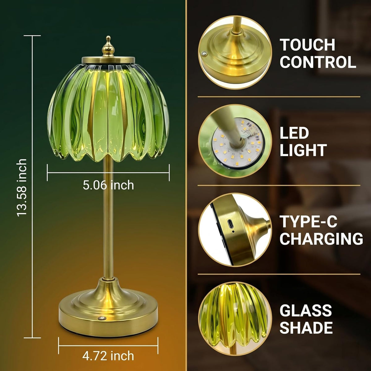 EJQ Glass Tulip Rechargeable Table Lamp, Cordless Flower Table Light -Green | Handcrafted green glass shade; aluminum