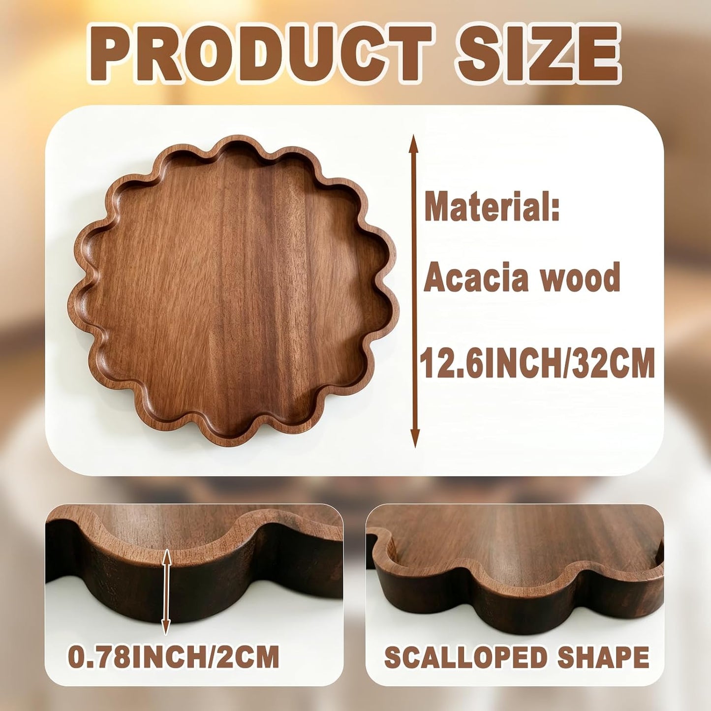 Decorative Serving Tray Wood Scalloped Serving Tray Round Wooden Display Plate / 12.6 Inch