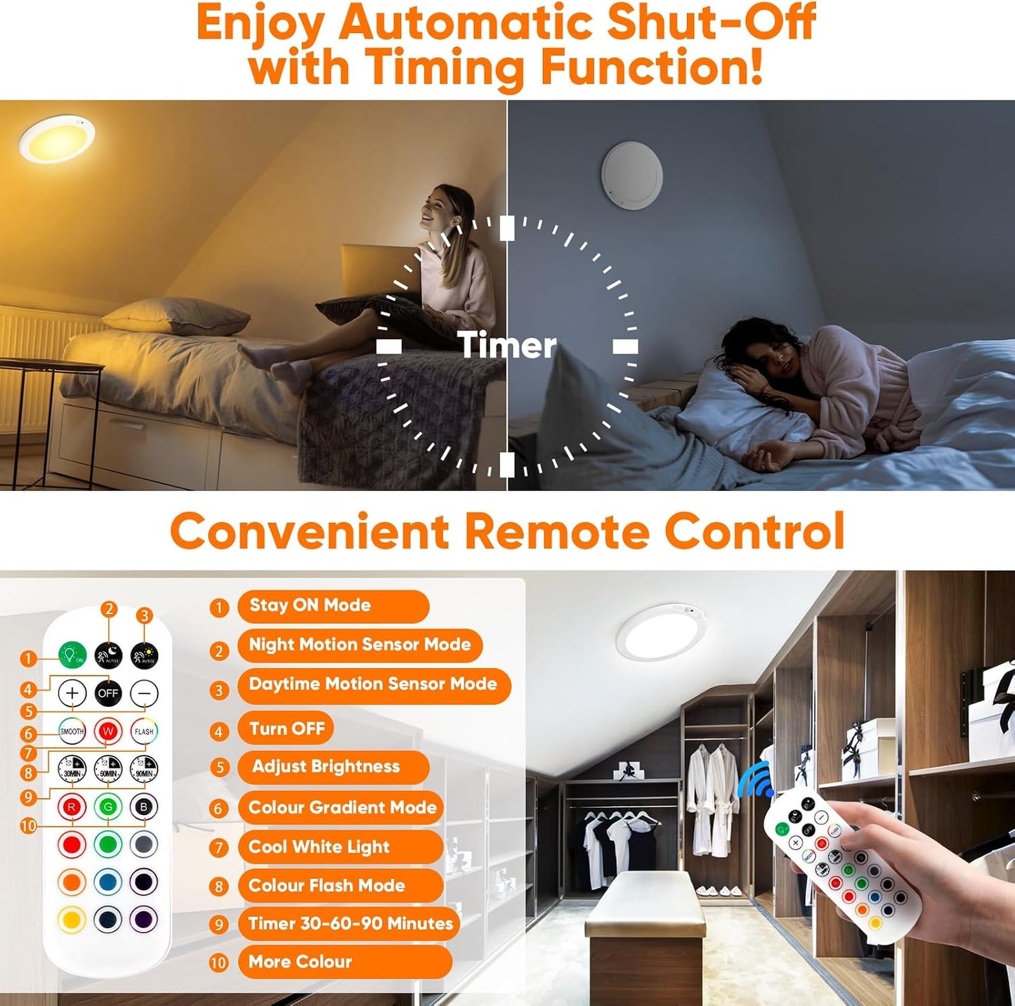 Rechargeable Motion Sensor Ceiling Light, Battery Closet Light 12 RGB Color | Wireless Battery Powered LED Shower