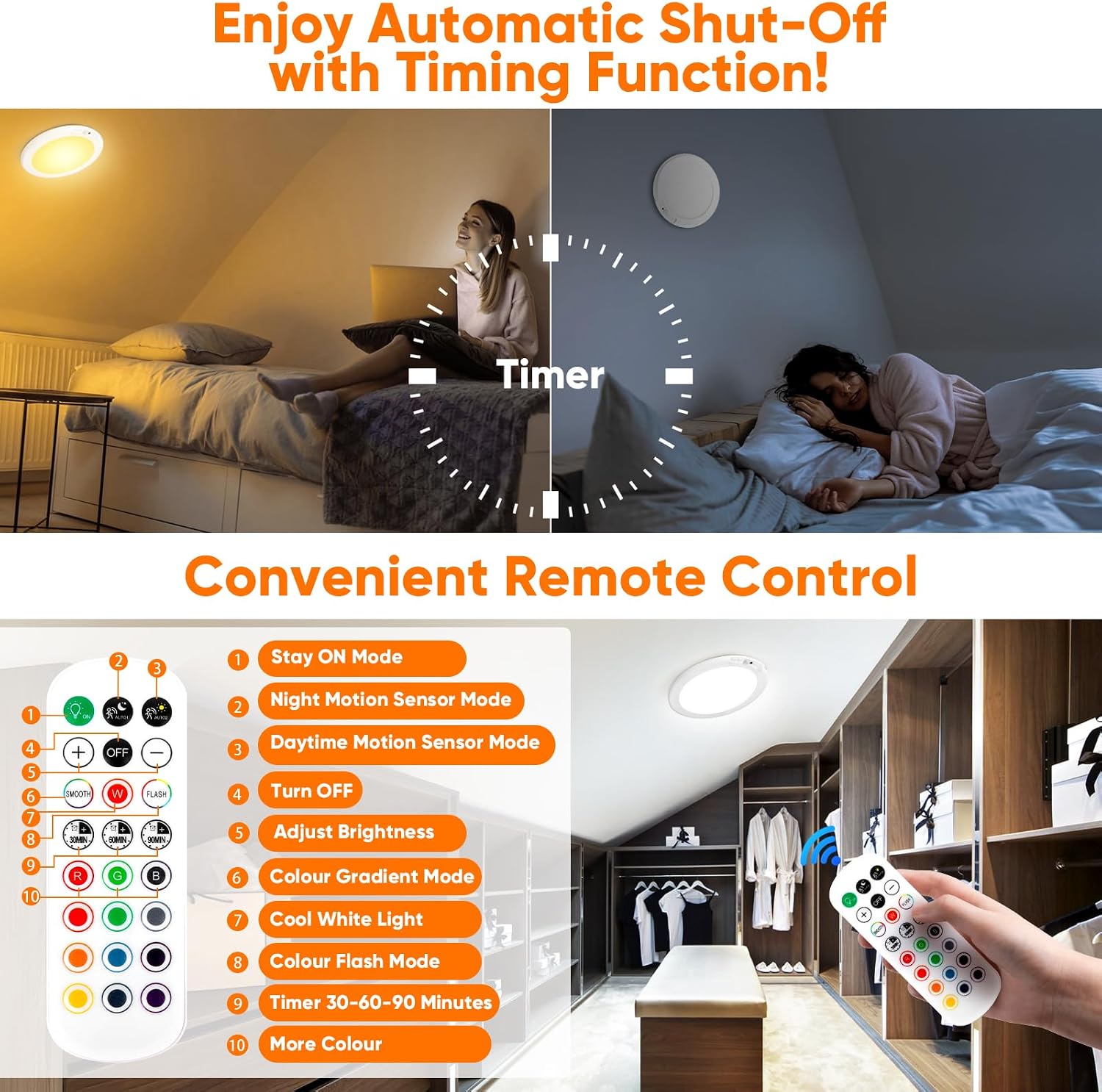 Rechargeable Motion Sensor Ceiling Light, Battery Closet Light 12 RGB Color | Wireless Battery Powered LED Shower