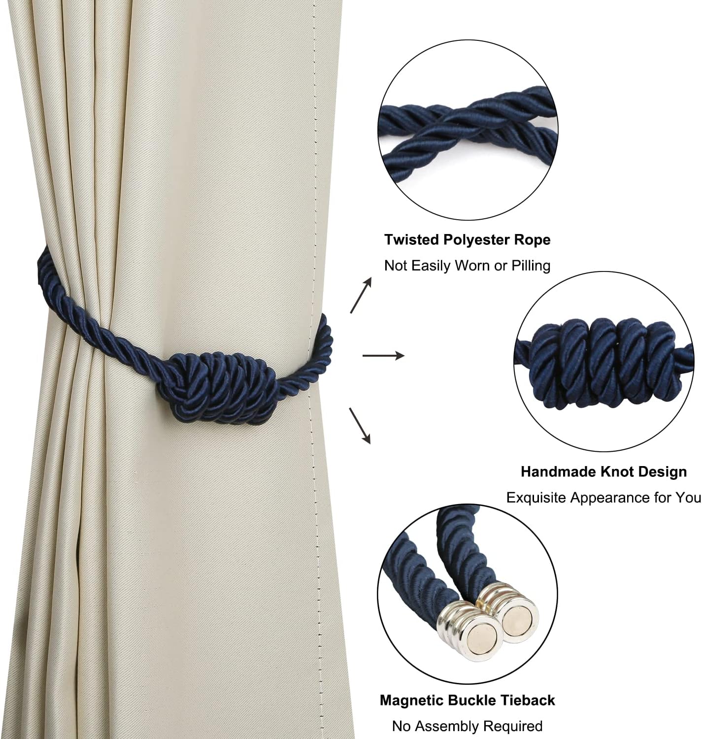 BEL AVENIR Magnetic Curtain Tiebacks 6 Pack Hand-Woven Curtain Ties | Navy Decorative Curtain Holdbacks Bohemian Style