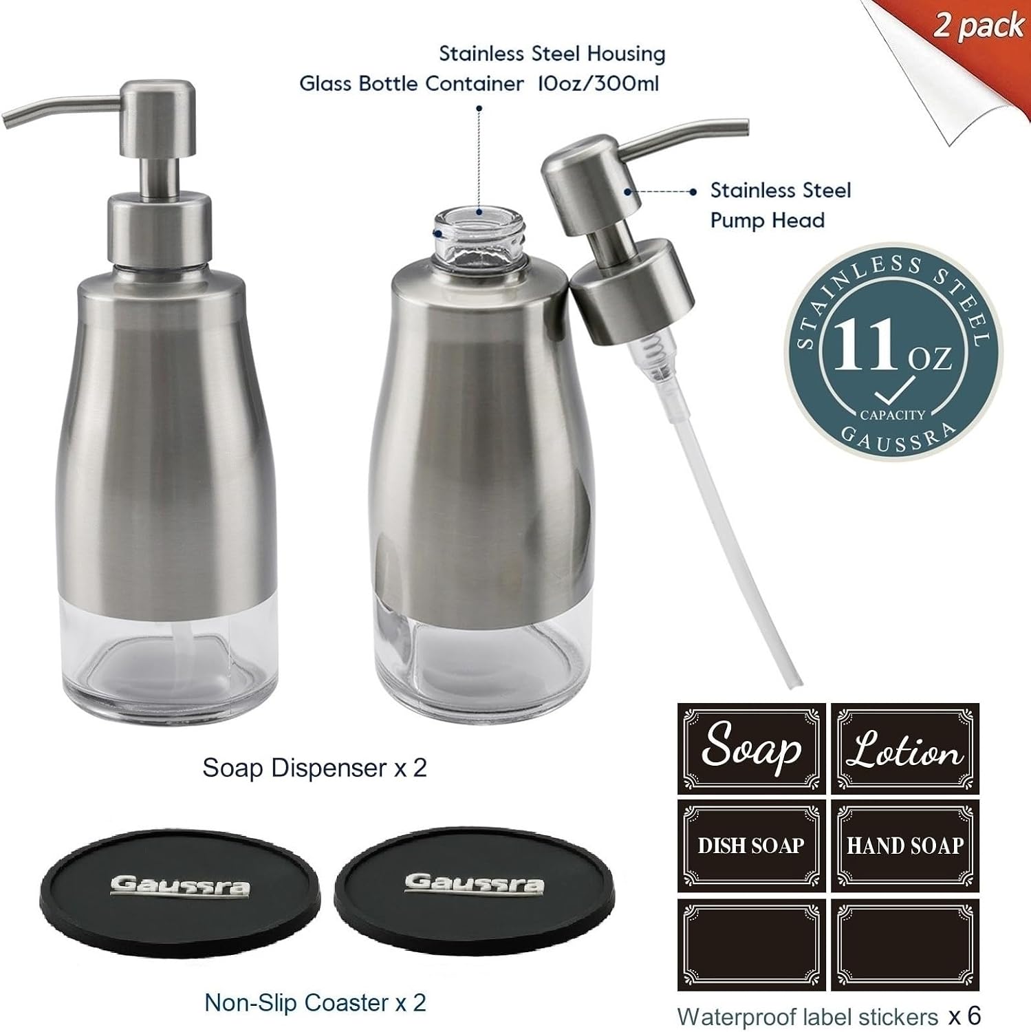 Gaussra 2 Pack Soap Dispenser with Coaster and Stickers - 11 OZ / 320 ML | Stainless Steel Case Glass Liner Hand Pump