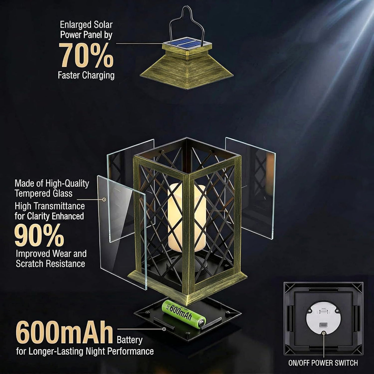 2 Pack 14" Large Tempered Glass Solar Lanterns Outdoor Waterproof | Bronze retro solar lantern with flickering