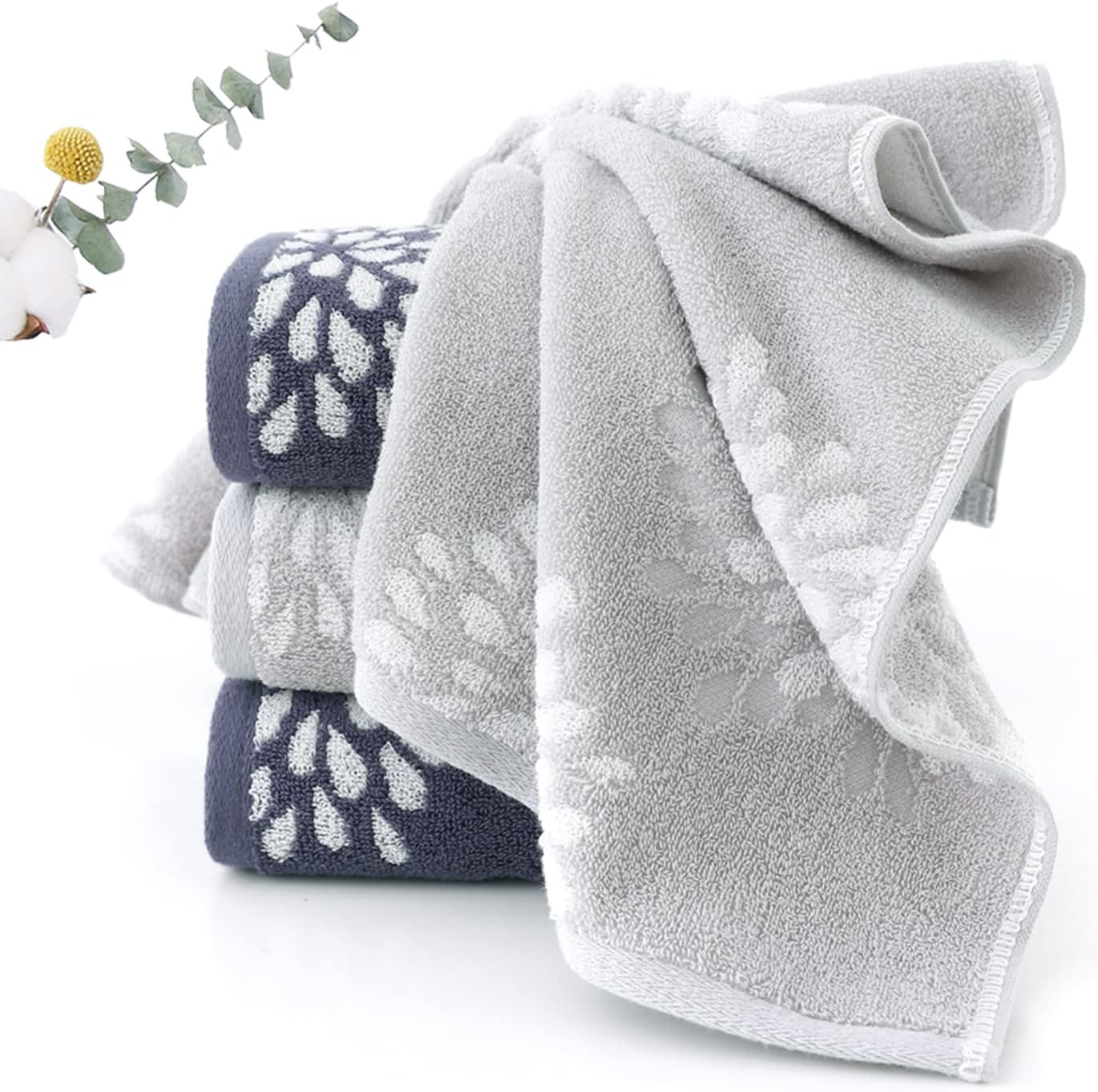 Hand Towels Set of 4 Hydrangea Floral Pattern 100% Cotton Absorbent Soft Decorative Towel for Bathroom (Denim Blue)