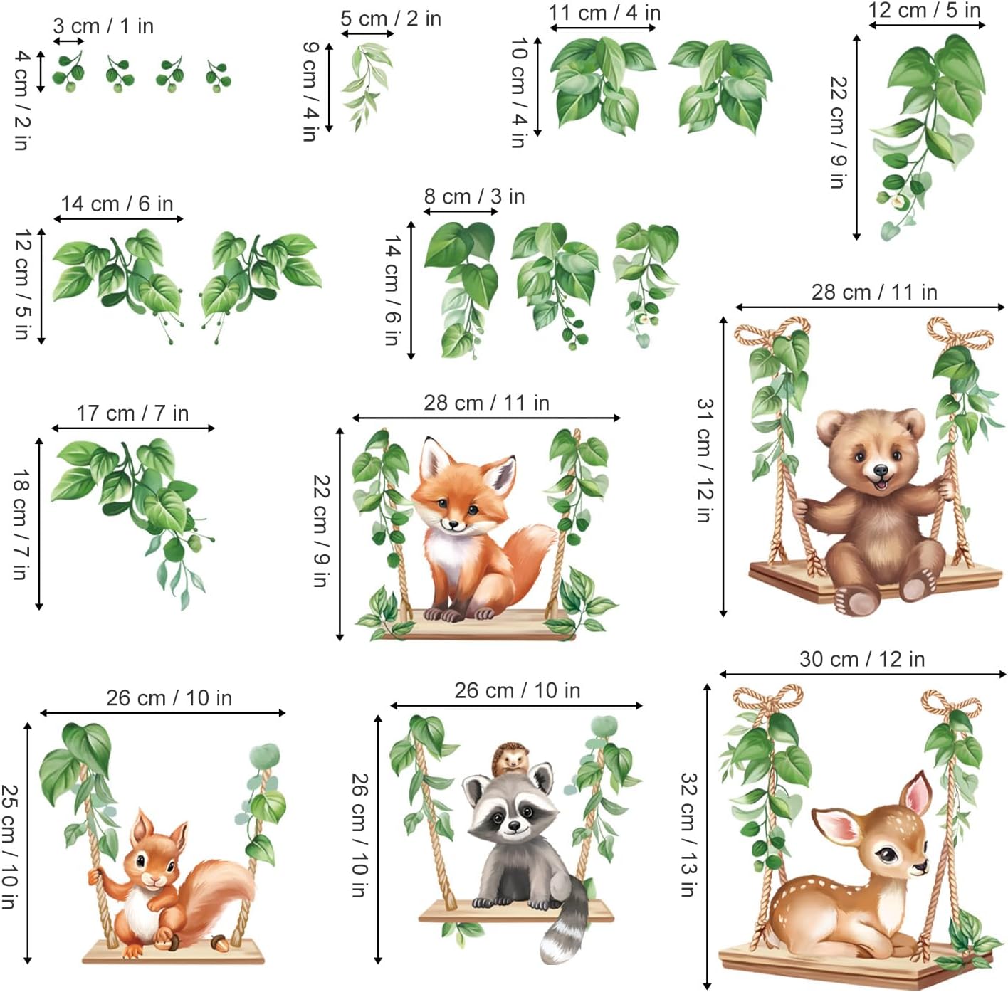 Woodland Wall Stickers Baby Bear Deer Fox Leaves Peel and Stick Wall Art Decals / Animal On Swings