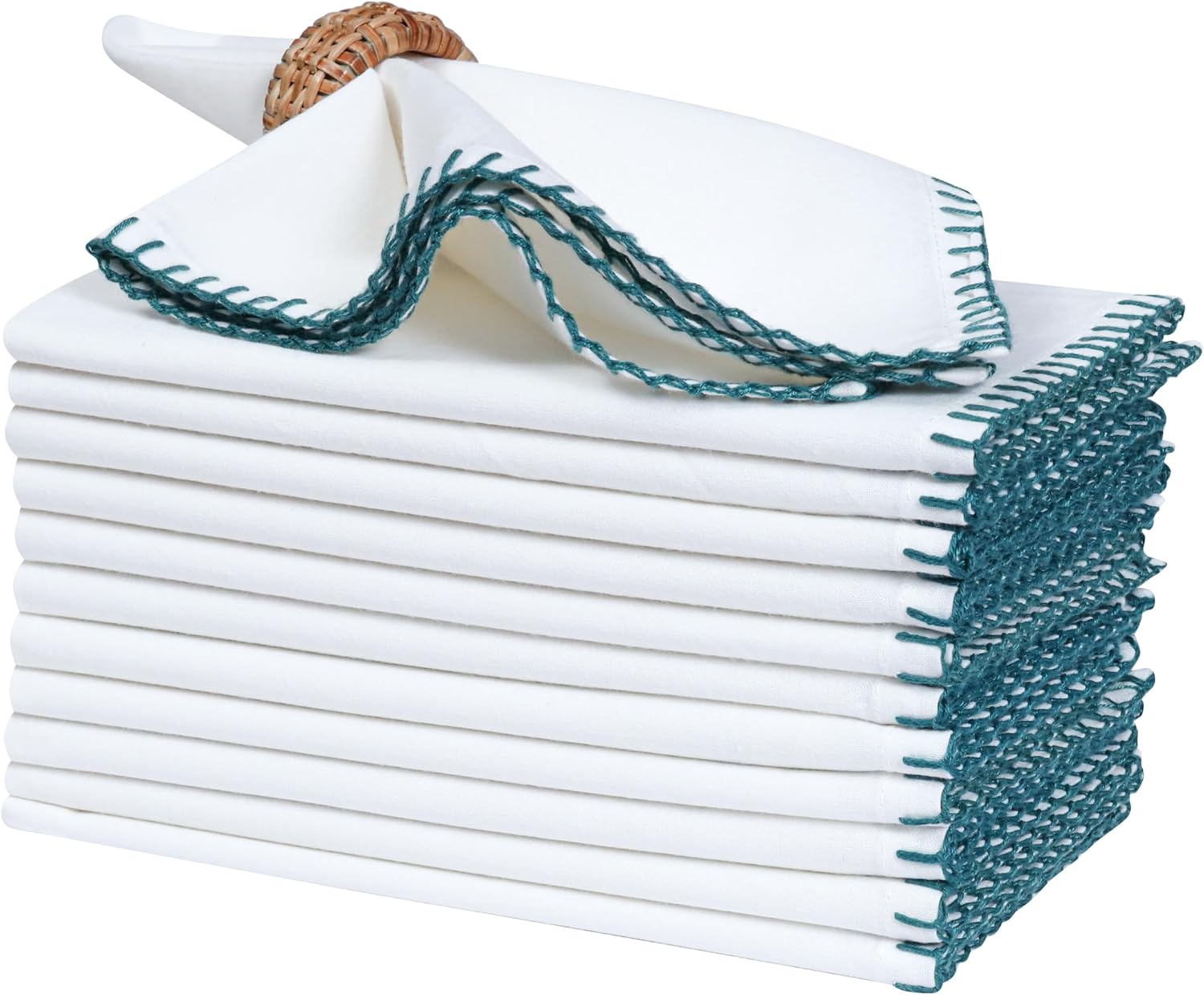 Bedding Craft Cotton Cloth Dinner Napkins Set of 12 –18x18 Funfare Multi-Color Fabric Napkins with Blanket Stitch