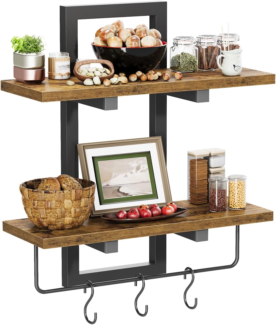 Floating Shelves / 6 Hooks / Rustic Brown + Black / Set of 2