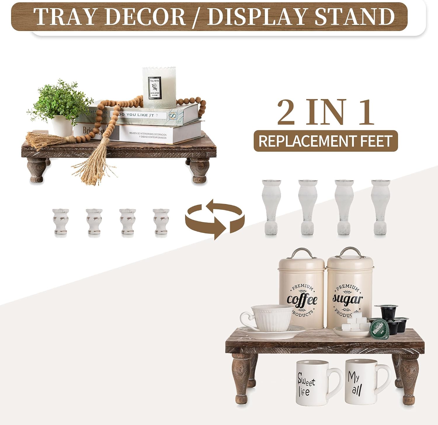 Wooden Riser Decorative Tray / Distressed / Rustic Brown
