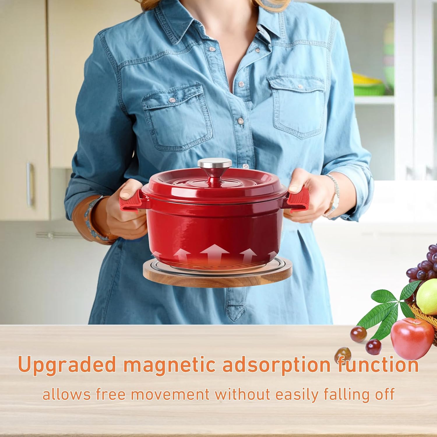 2 Pcs Magnetic Wooden Trivets, Acacia Wood with Black Silicone Rings, Magnetic Pot Holder for Le Creuset Enameled Cast