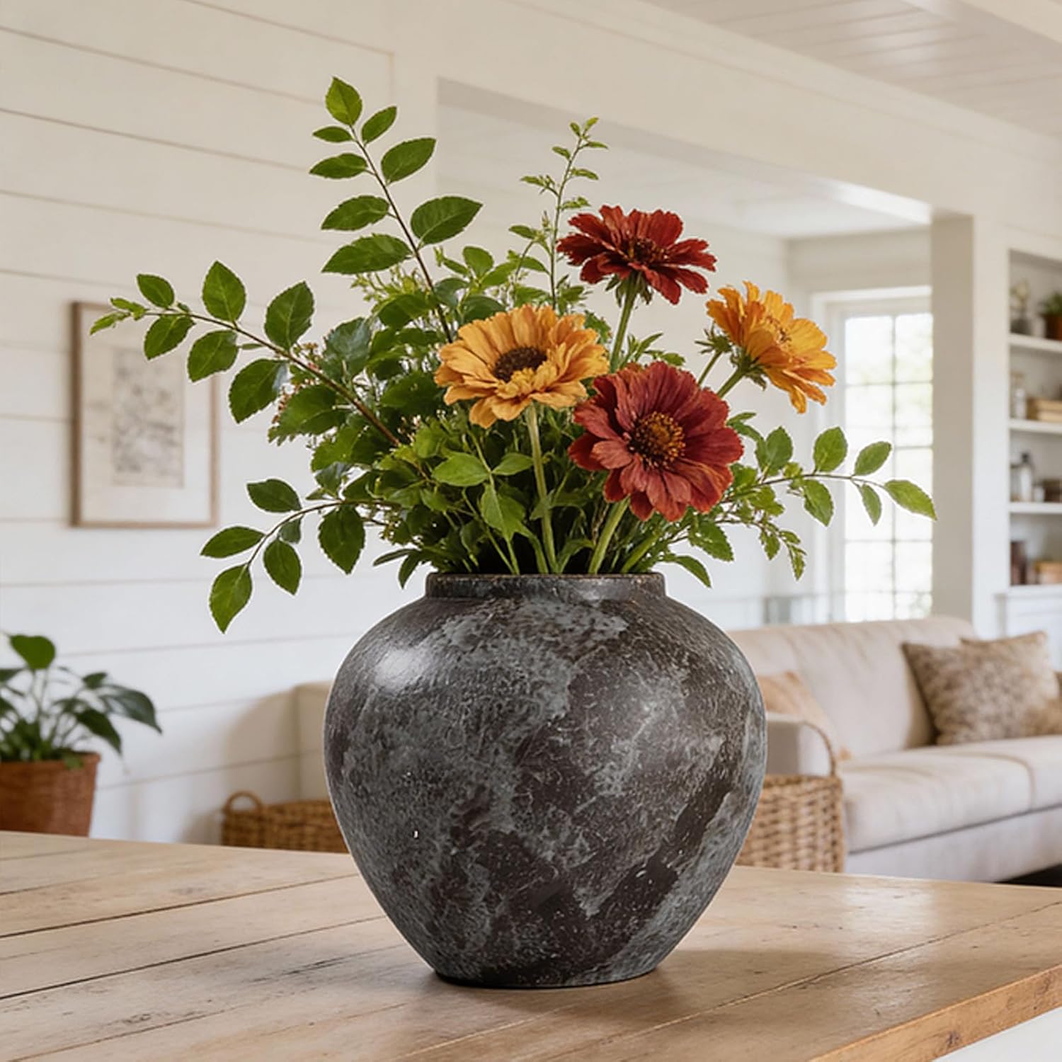 Large Rustic Black Stone Vase Home Decor / 04 - Large Rustic Brush Black / 8.8 Inch