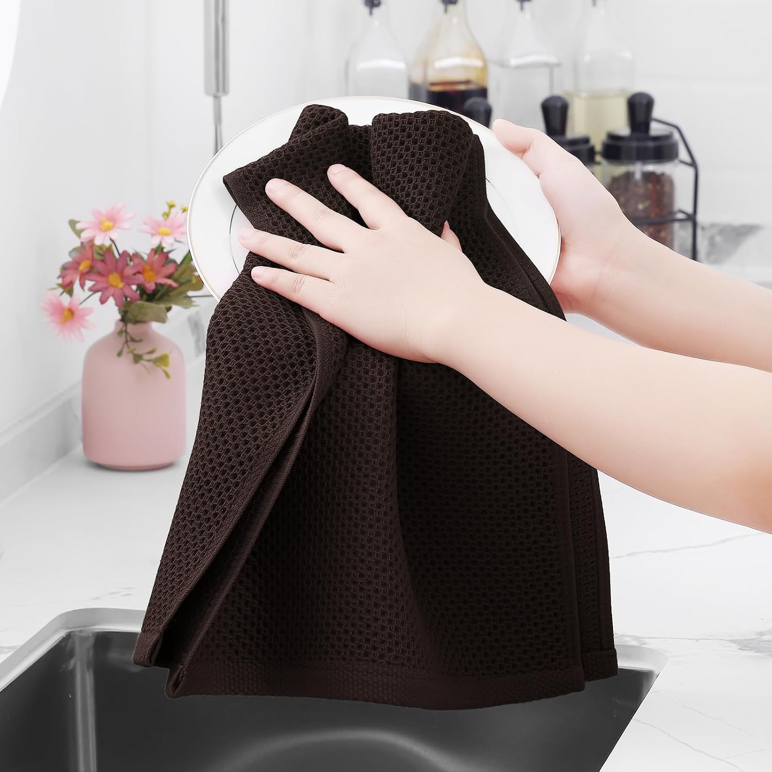 Homaxy 100% Cotton Waffle Weave Kitchen Dish Towels 12-Pack, Dark Brown | 13 x 28 Inches, Ultra Soft Absorbent Dish