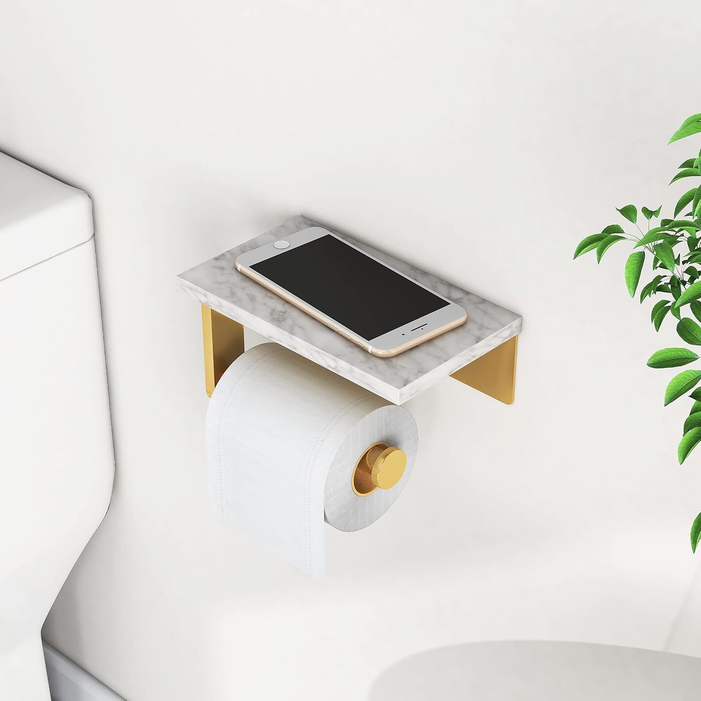 Gypie Toilet Paper Holder with Marble Shelf, Wall Mounted Gold | Stainless Steel Screw, Tissue Roll Paper Holder