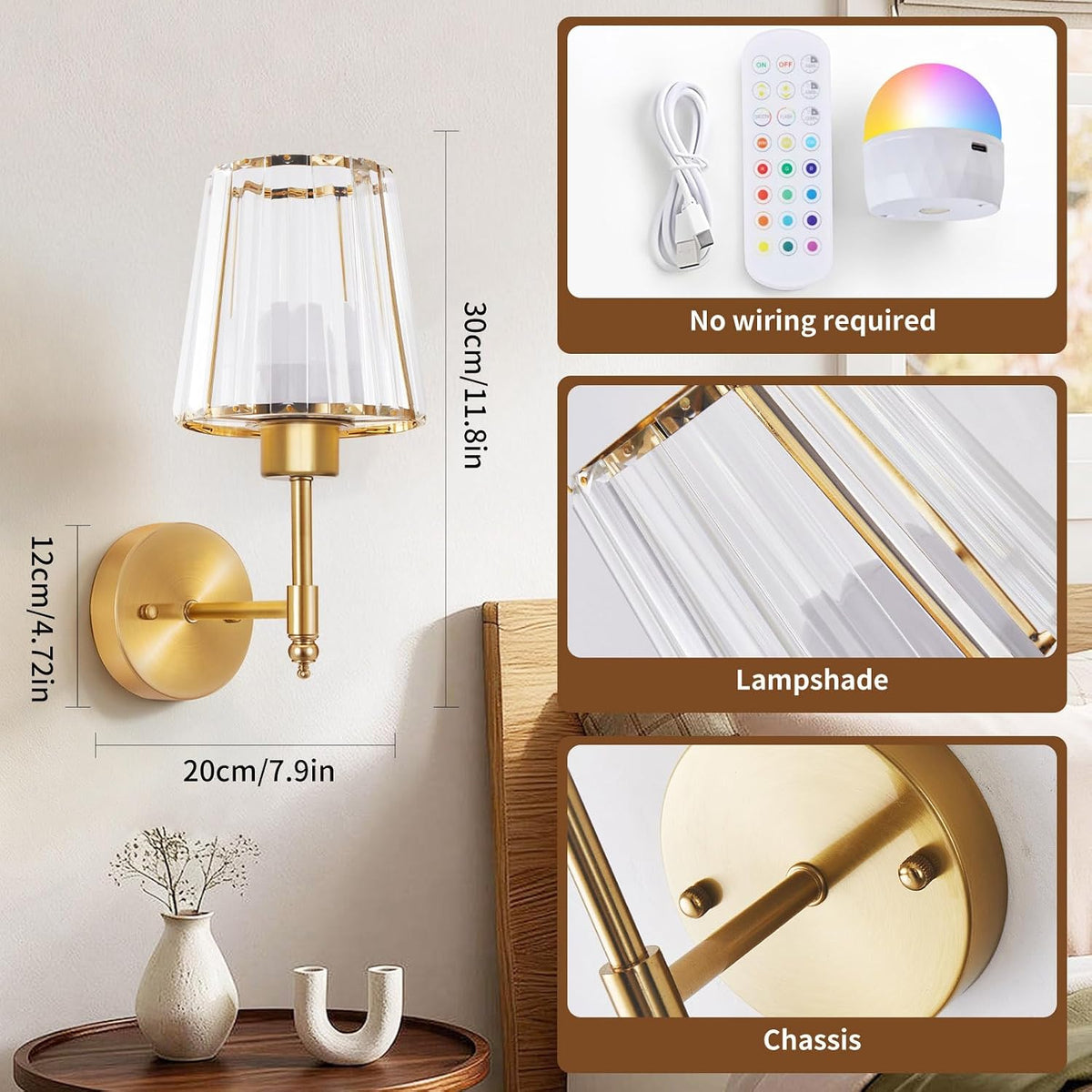 Battery Operated Wall Sconce Set of 2, Rechargeable Wireless Wall Lights | with 5200mAh Dimmable Bulbs and Remote,15