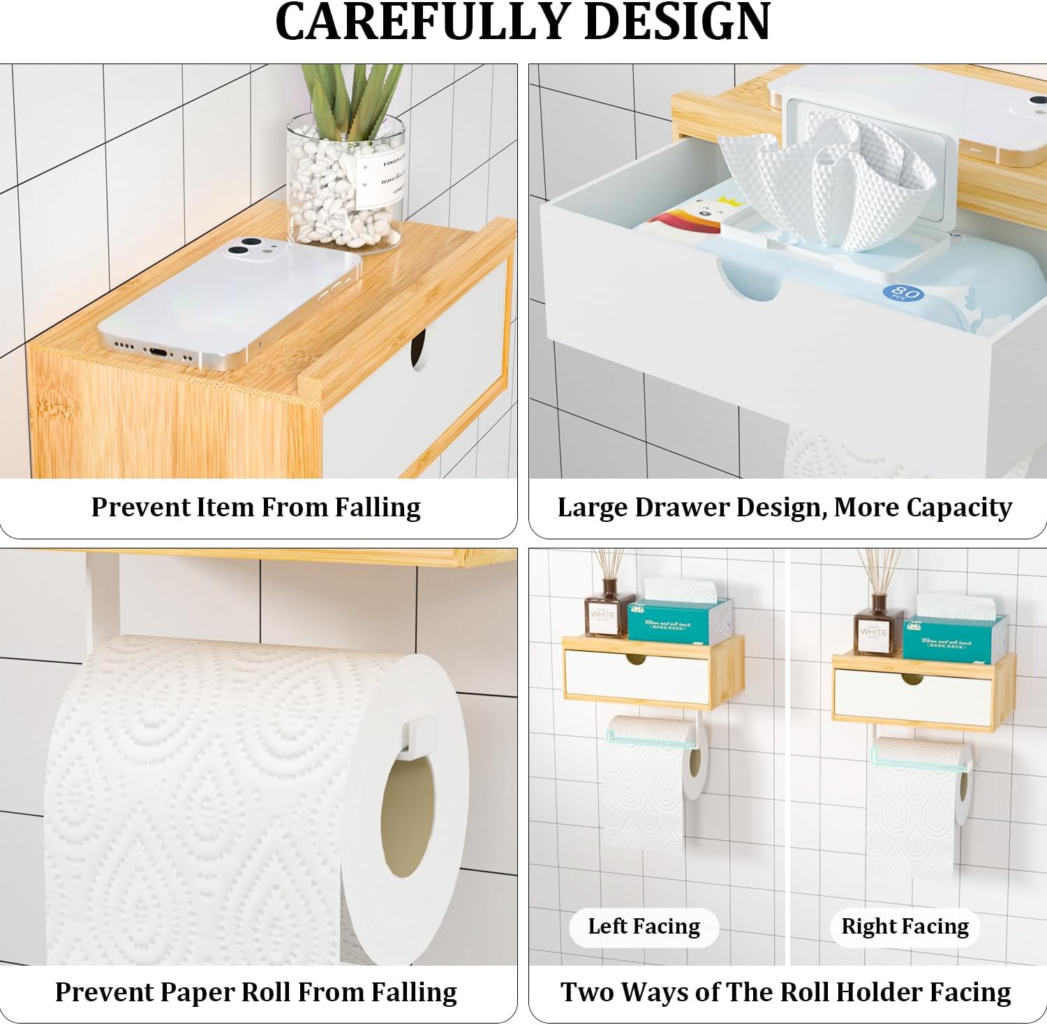 Domax Toilet Paper Holder with Shelf,Wall Mount/Adhesive Bathroom Toilet Paper Holder,Bamboo Wood Tissue Toilet Roll