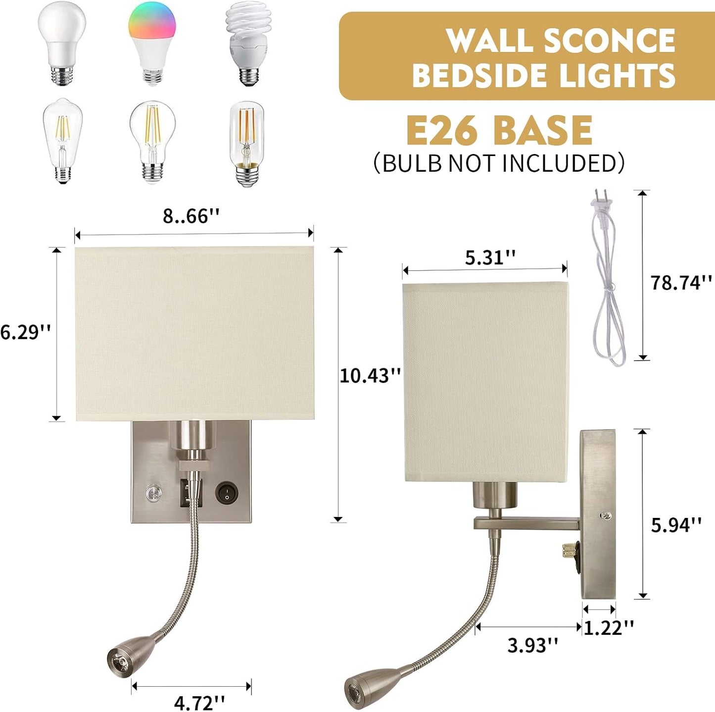 Wall Sconce Plug in Set of 2, Bedside Wall Mount Reading Lights | Bedroom Wall Lighting Fixtures With LED Reading Lamp