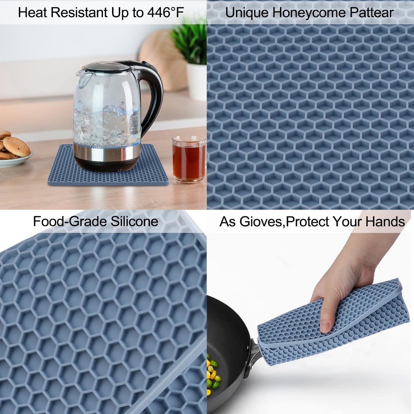 Silicone Trivet Mat / 7 x 7 / 02 Morandi Blue Square / Set of 4