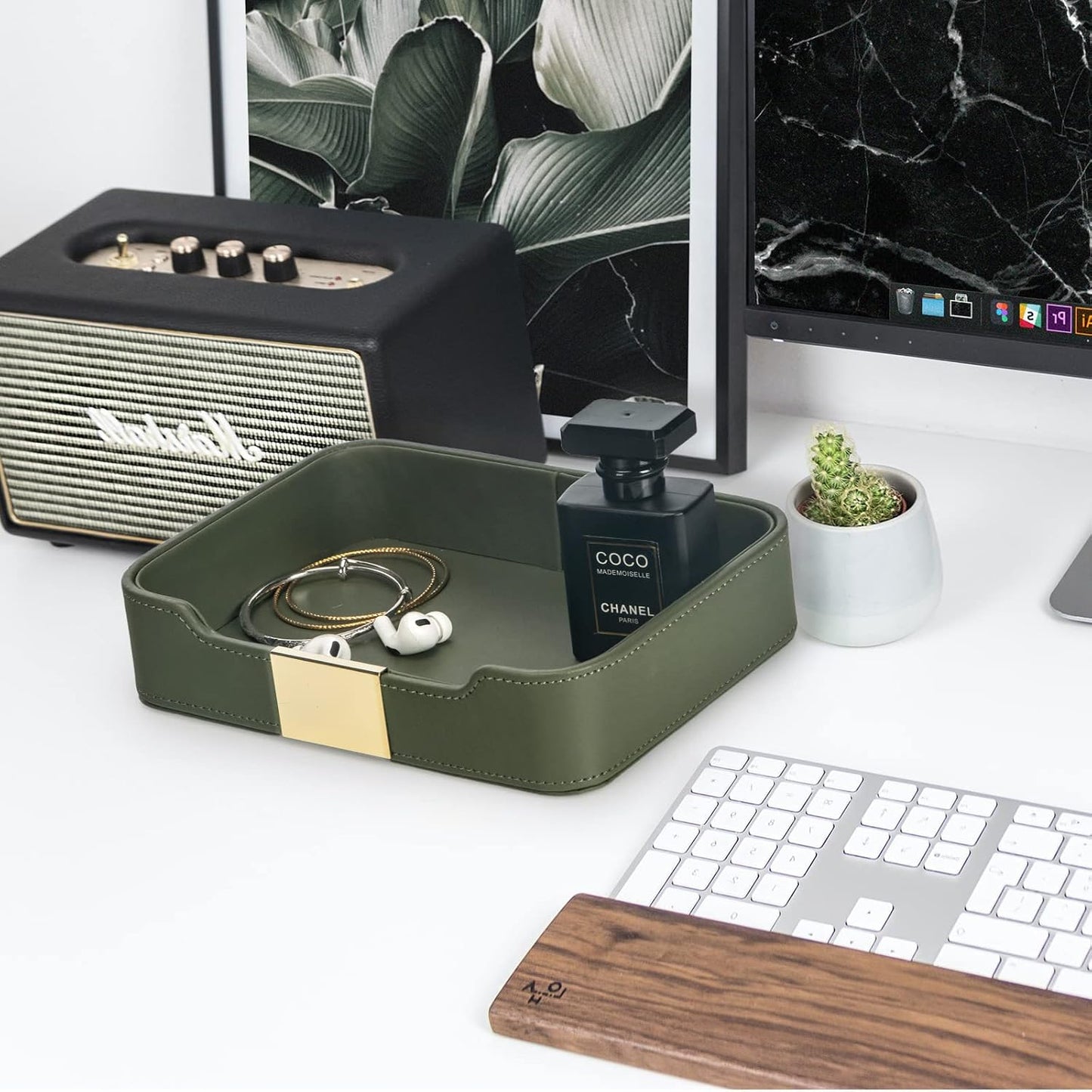 Leather Tray Organizer Valet Tray Key Tray for Entryway Table Desktop / 9 x 6.2 x 2.2 / Khaki Green