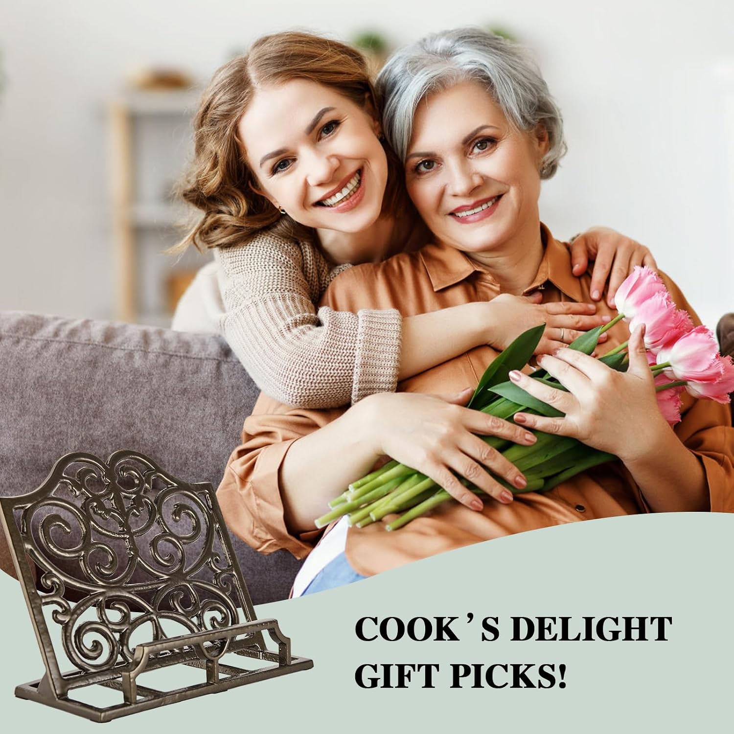JOGREFUL Cast Iron Cookbook Stand, Kitchen Recipe Holder Classic Latte Gold | Heavy-Duty Book Vintage Holder, Reading