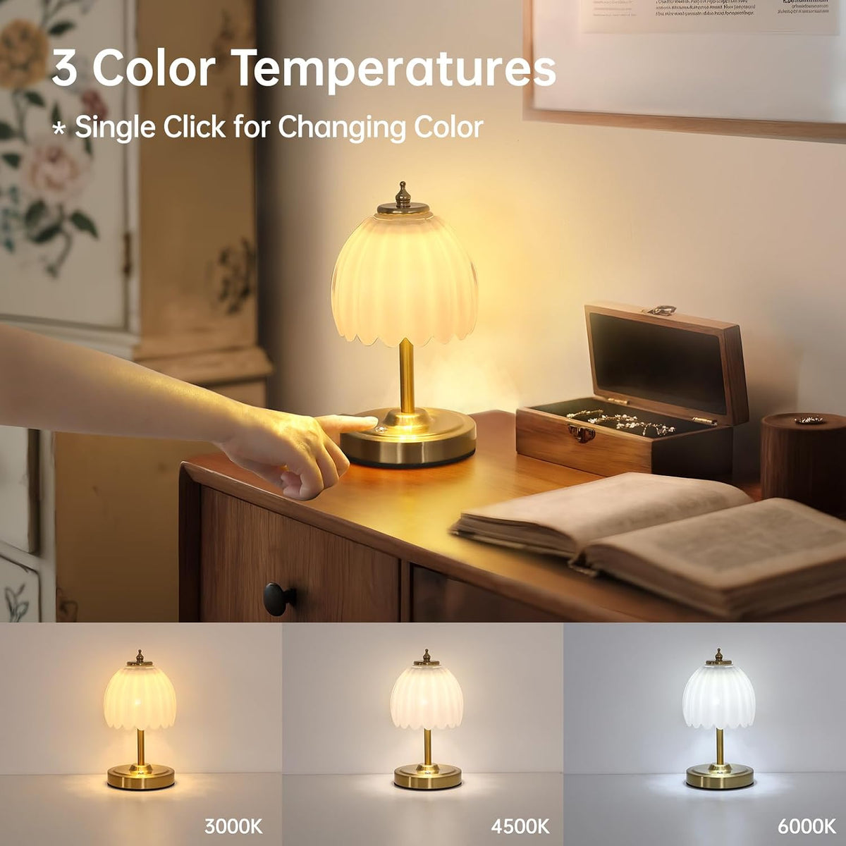Shenmoyl Tulip Small Table Lamp, 5200mAh Cordless Touch Control Mini Table Lamp with 3 Color Temps & Stepless Dimming