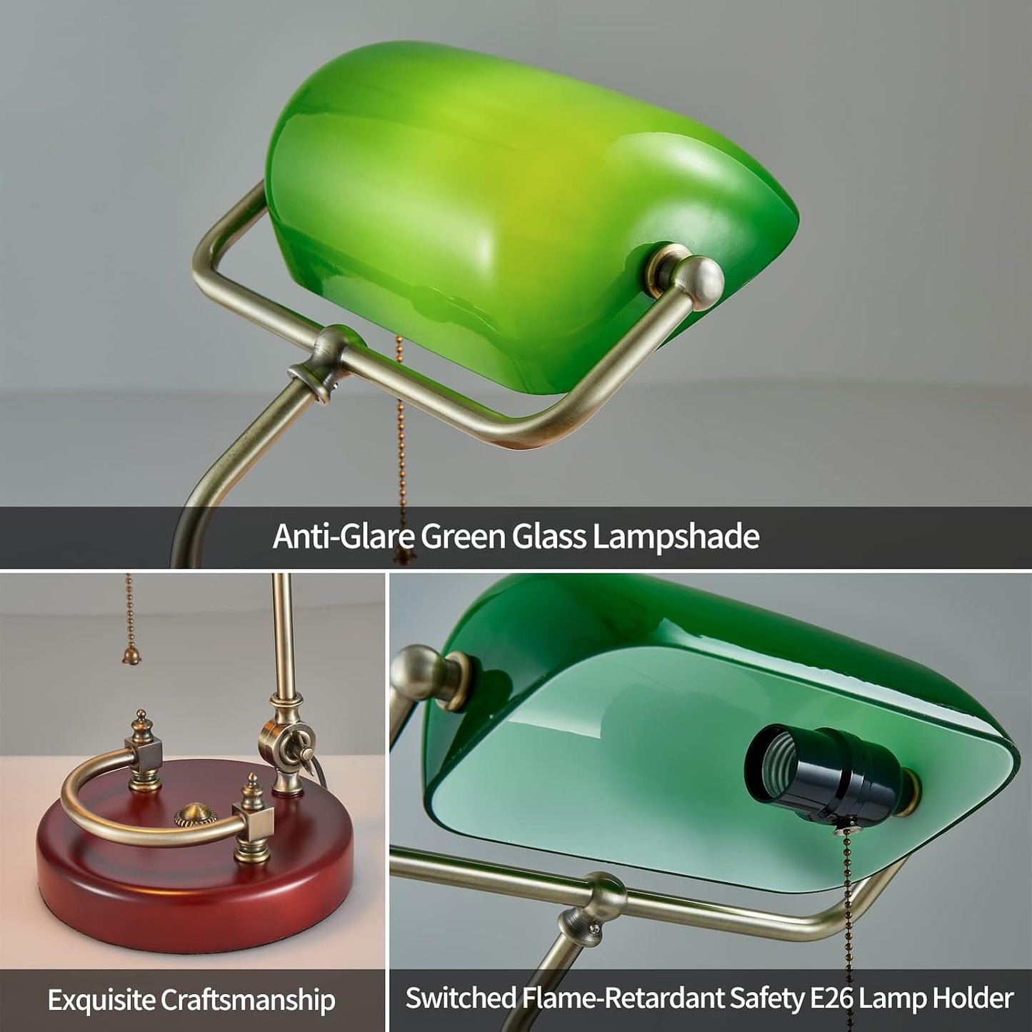Bankers Lamp Traditional Green Glass Desk Lamp Solid Wood Pull Chain Switch | Plug in Antique Study Reading Library