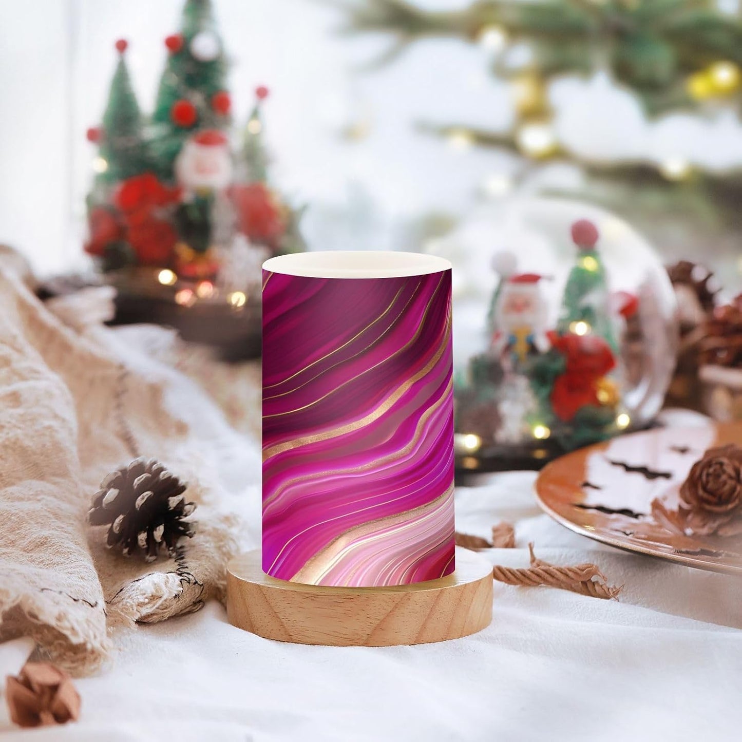 Flickering Flameless Candles, Fuchsia Gold Fluid Marble LED Candles with Remote Timer, Set of 2 Battery Operated Candle