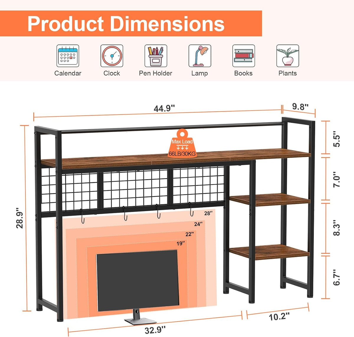 Snughome Desk Shelf, 44.9" Desktop Organizer Shelf, Desk Hutch for Computer Monitor, 4 Tier Desk Display Rack with