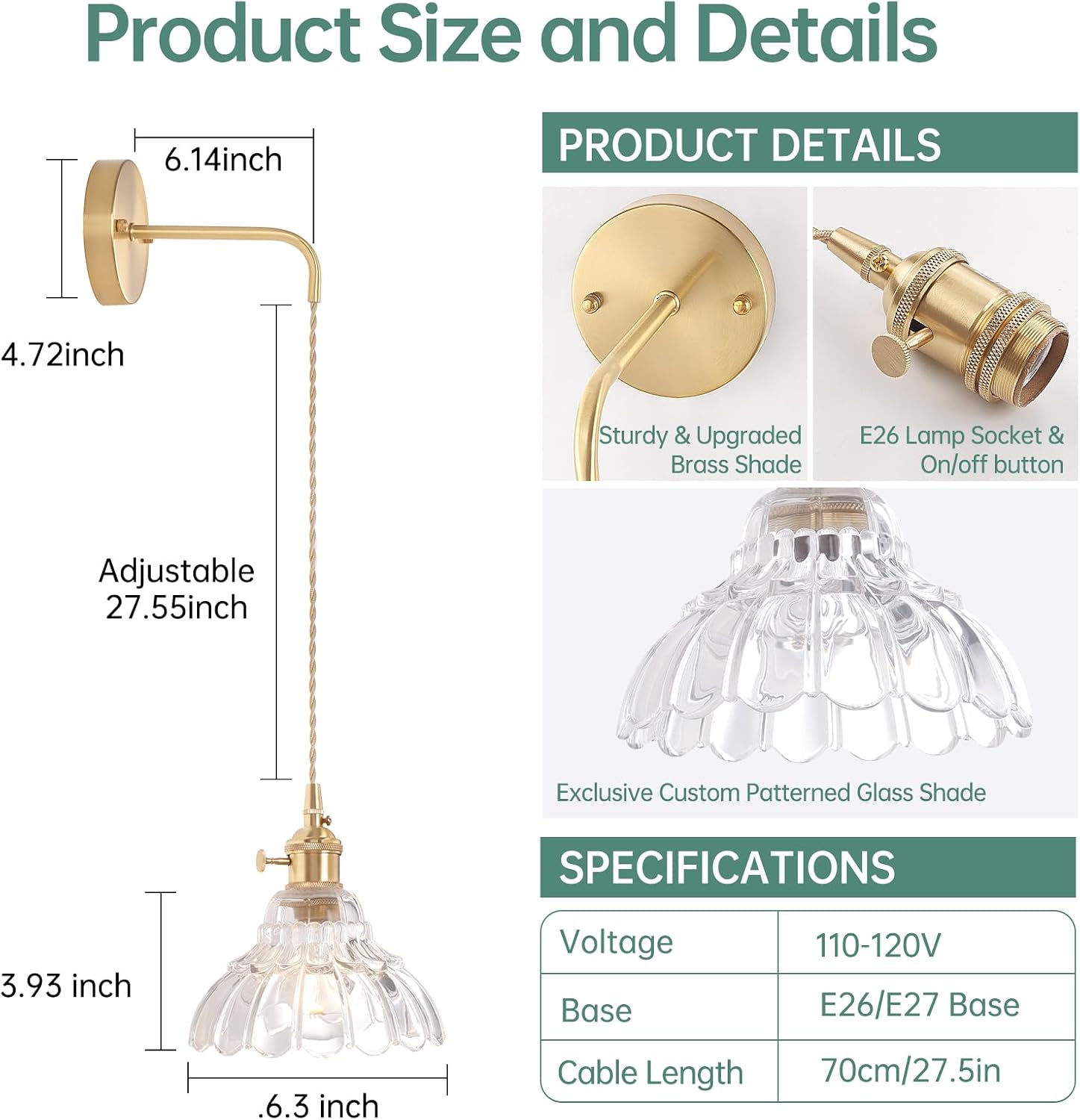 Shenmoyl Vintage Wall Sconce with Clear Lily of the Valley Shade Pattern Glass Adjustable Chain Retro Gold Wall Mounted