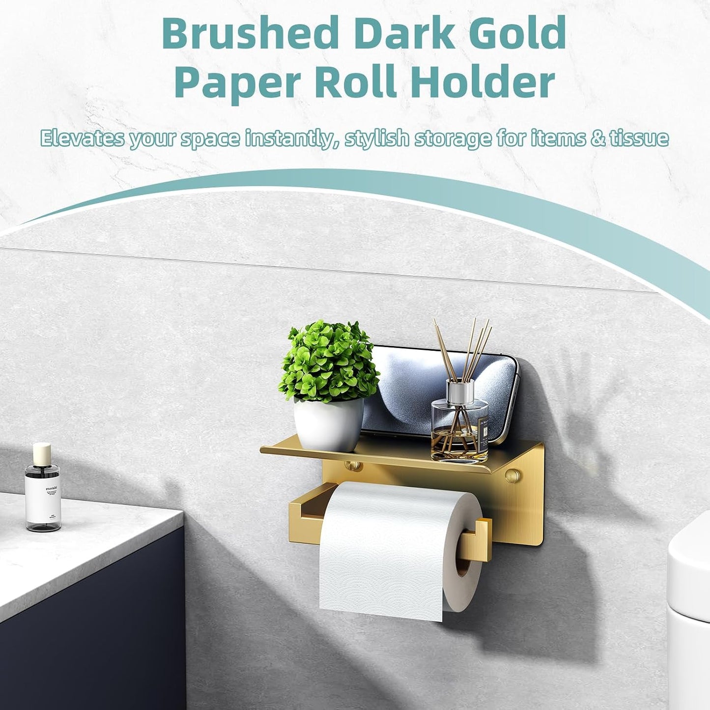 APLusee Brushed Dark Gold Toilet Paper Holder with Shelf, Wall Mounted | Rustproof 304 Stainless Steel, Functional