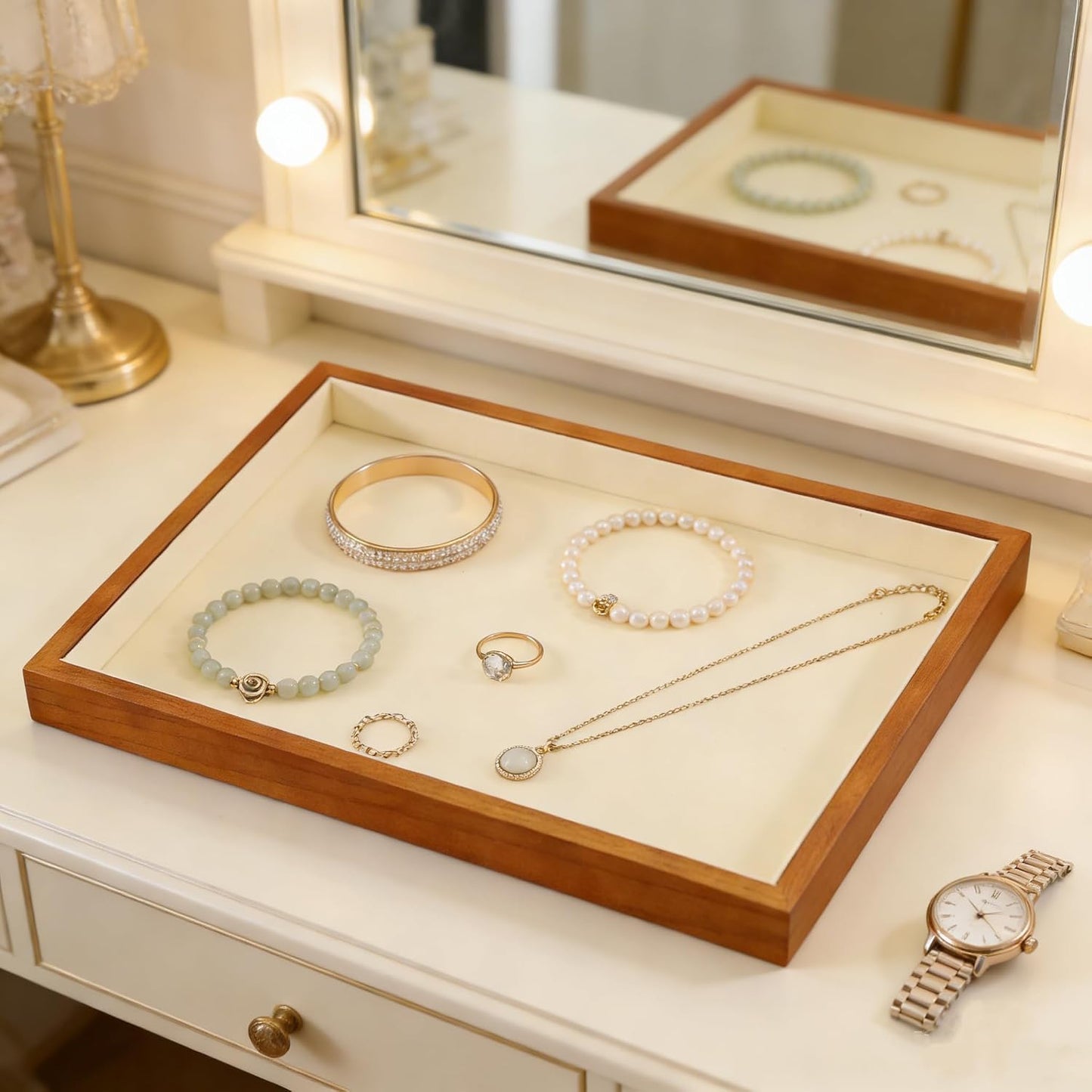 Wood Flat Jewelry Tray Stackable Display Tray / Old Lace / Blank Tray-w 9.45" x H 1.18"x L 13.78