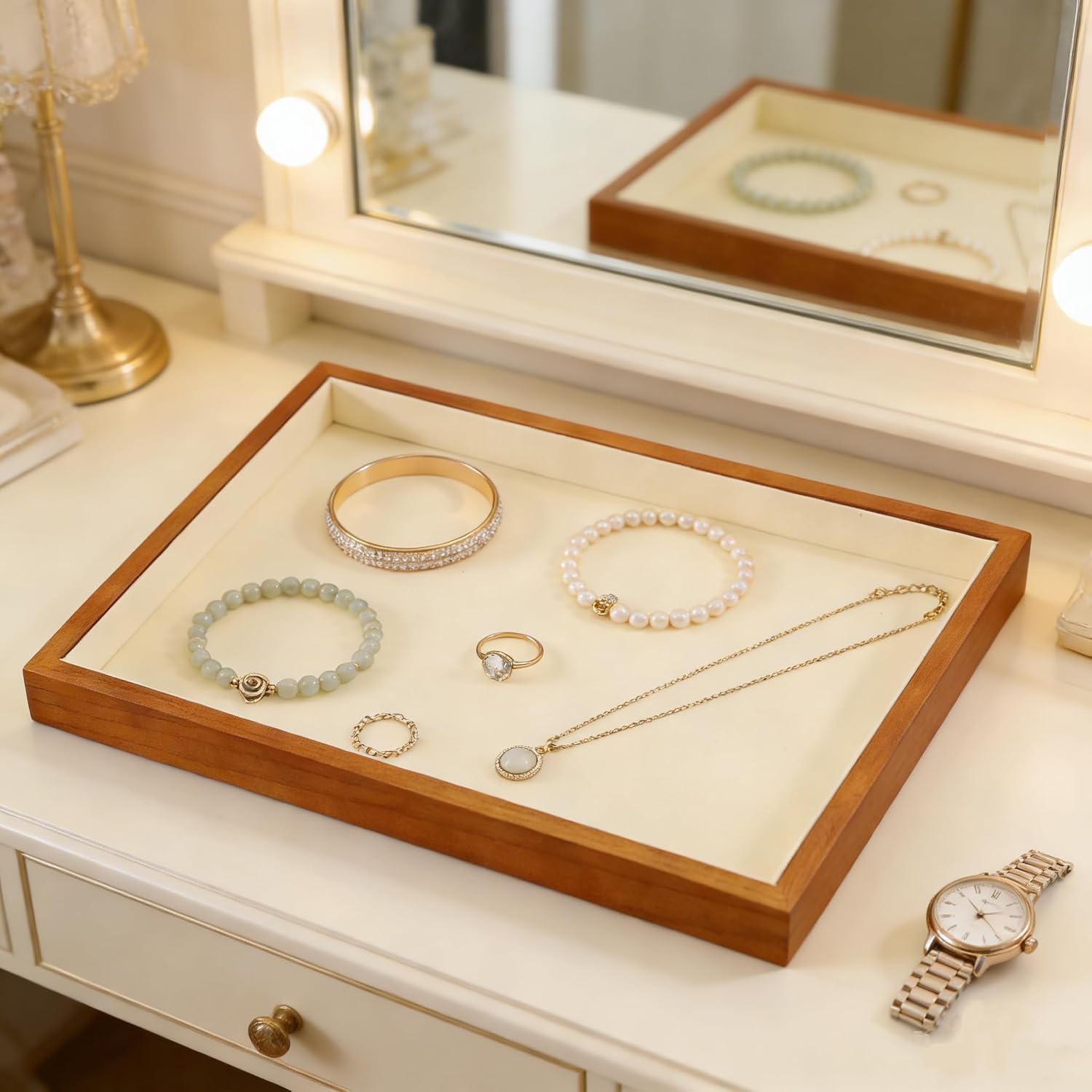 Wood Flat Jewelry Tray Stackable Display Tray / Old Lace / Blank Tray-w 9.45" x H 1.18"x L 13.78