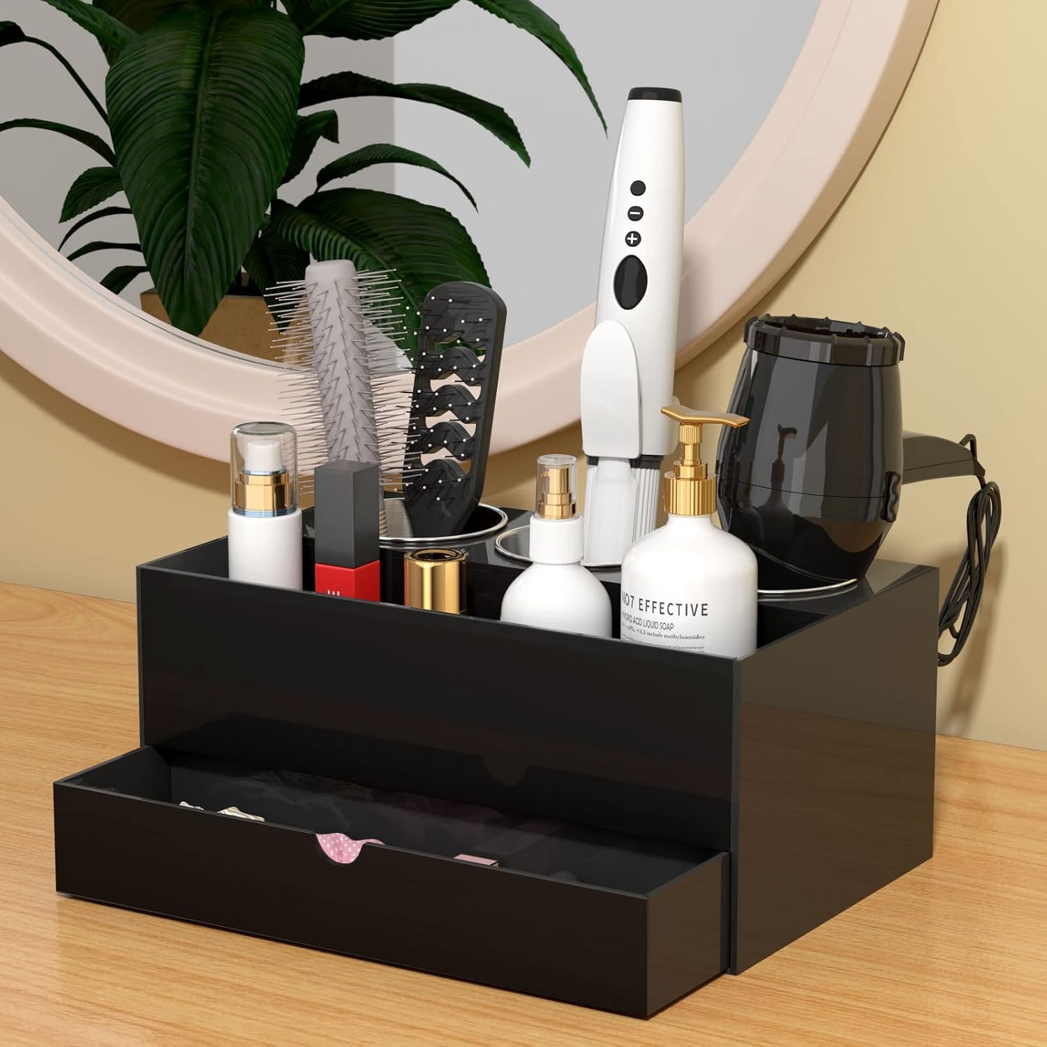 NIUBEE Acrylic Hair Tool Organizer with Drawer, Hair Dryer Holder Organizer | Black, Hot Tools Organizer Countertop