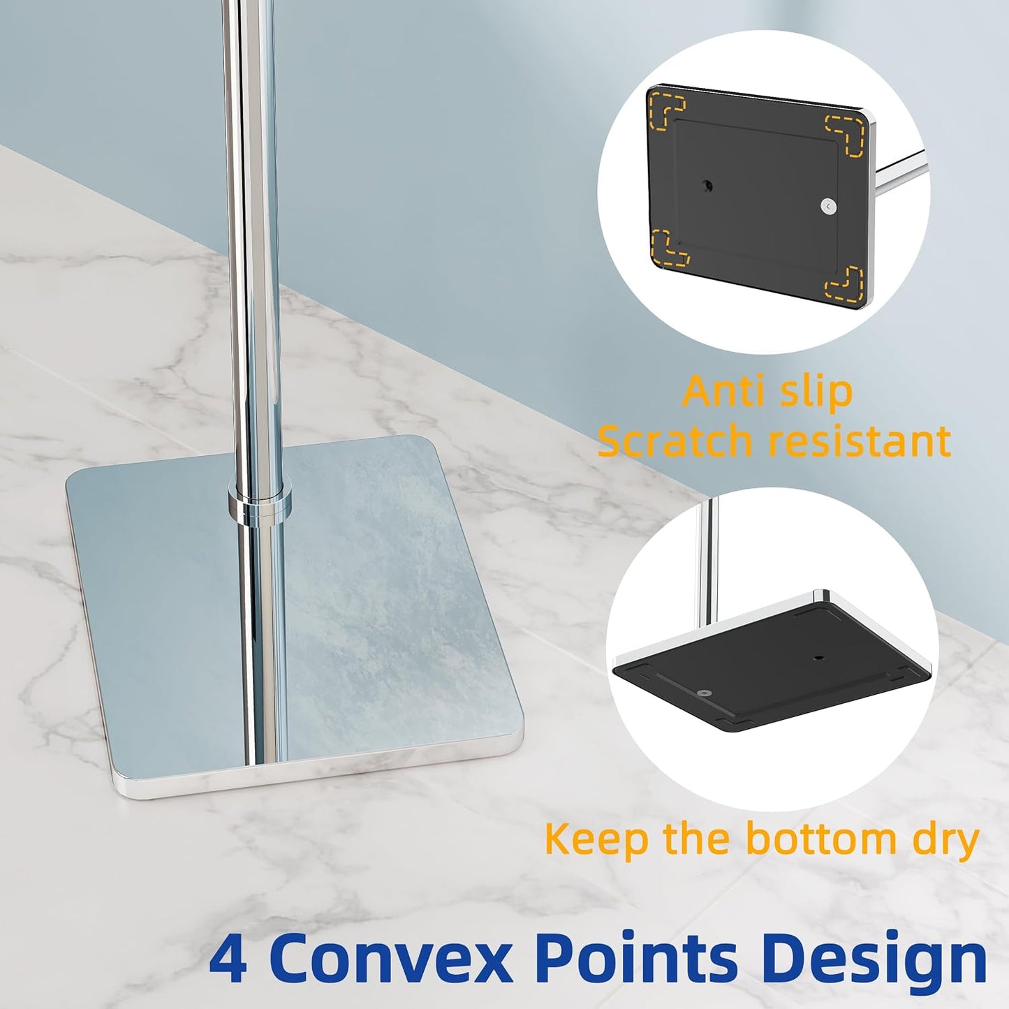 RUACQ Bathroom Toilet Paper Holder Stand, Chrome | Dual-Post Pivoting Free Standing Toilet Roll Holder with Weighted