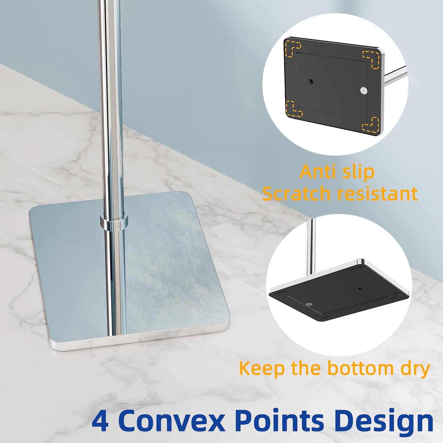RUACQ Bathroom Toilet Paper Holder Stand, Chrome | Dual-Post Pivoting Free Standing Toilet Roll Holder with Weighted
