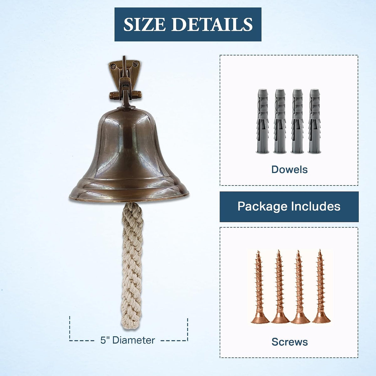 5" Solid Brass Bell Antique Brass Quality Marine Wall Mounted Ship Hanging Bell Perfect for Dinner, Indoor, Outdoor
