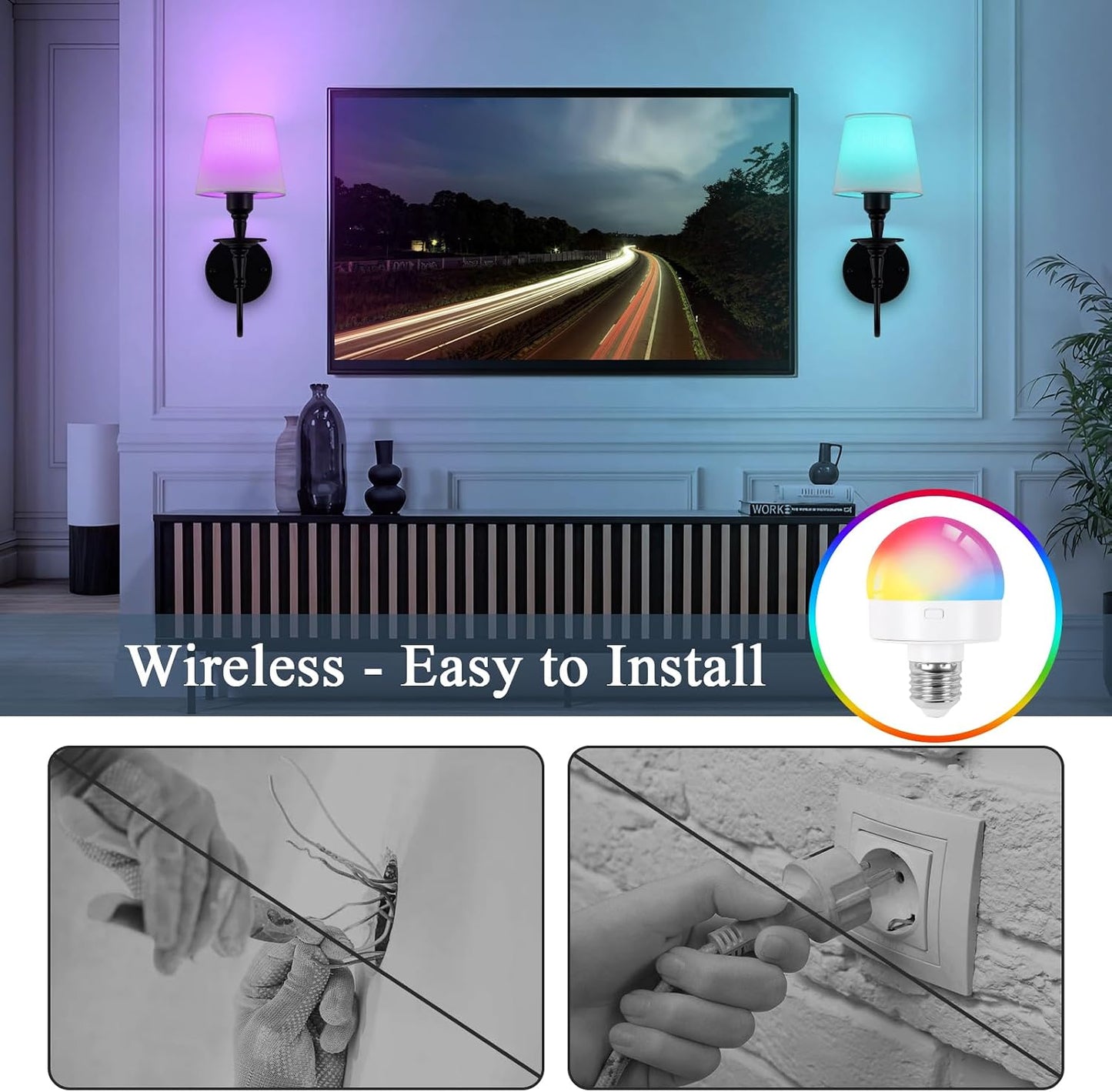 Vintage Wall Sconces Set of 2, Wireless Wall Lamp with RGB Rechargeable Dimmable Bulbs, Black Battery Operated Wall