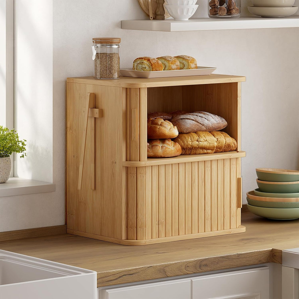 WOWLIVE 2-Tier Roll Top Bread Box for Kitchen Countertop Storage Cabinet | Double Layer Bamboo Bread Boxes with Sliding