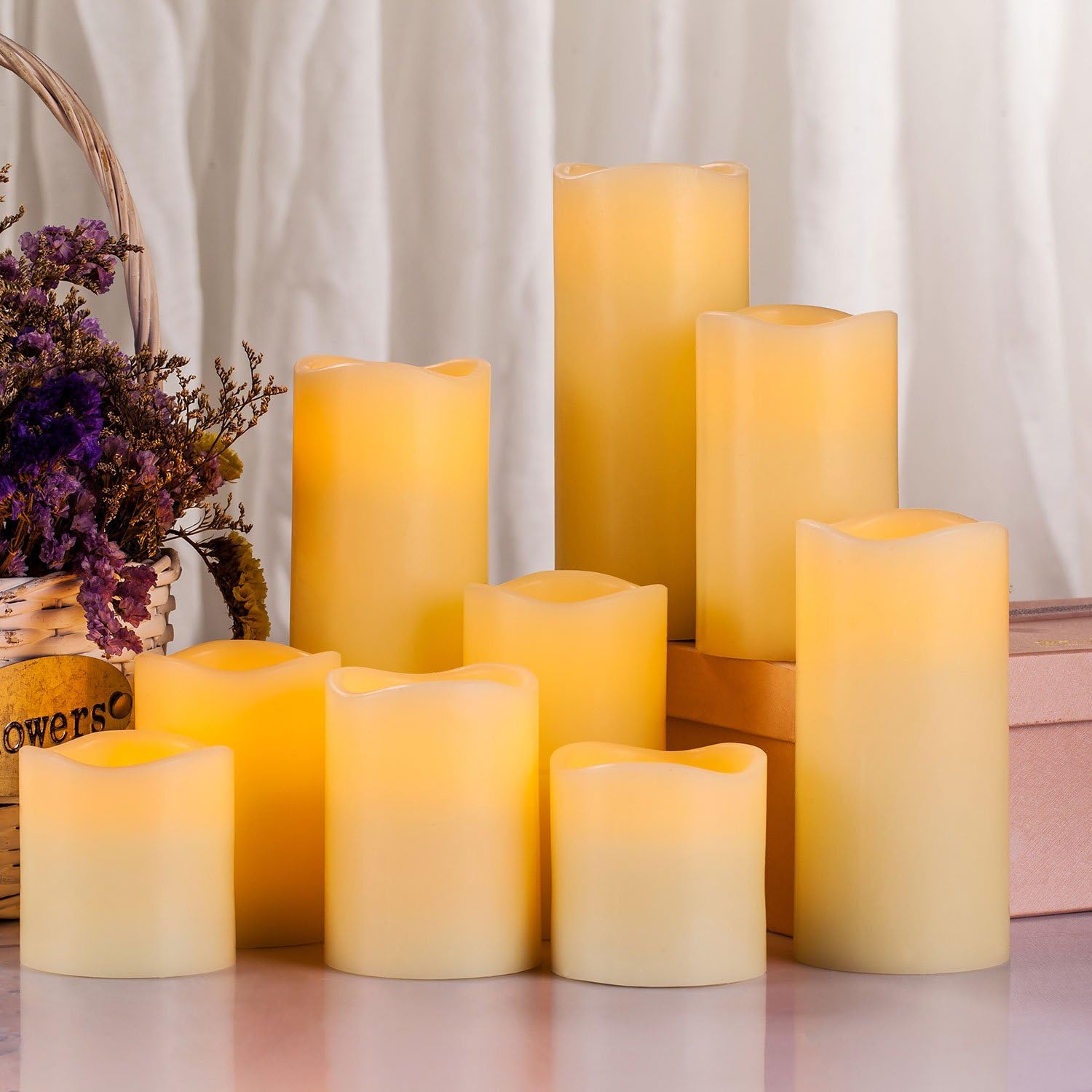 RY King Large Flameless Candle Set of 9 (D 3" x H 3", 3", 4", 4", 5", 5", 6", 7", 8") Battery Operated LED Pillar Real