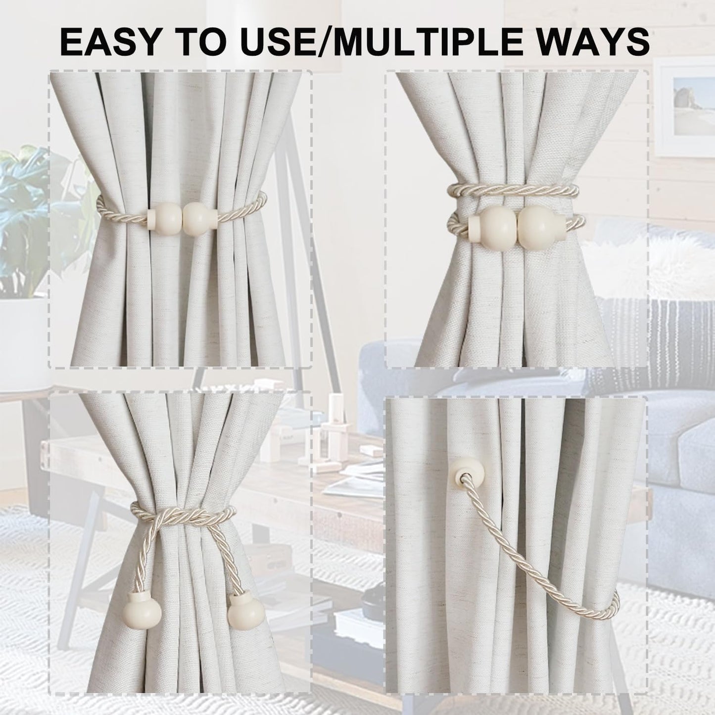 6Pcs Magnetic Curtain Tiebacks Modern Handmade Rope Curtain Tie Back Beige | Decorative Drapes Weave Holdbacks for Home