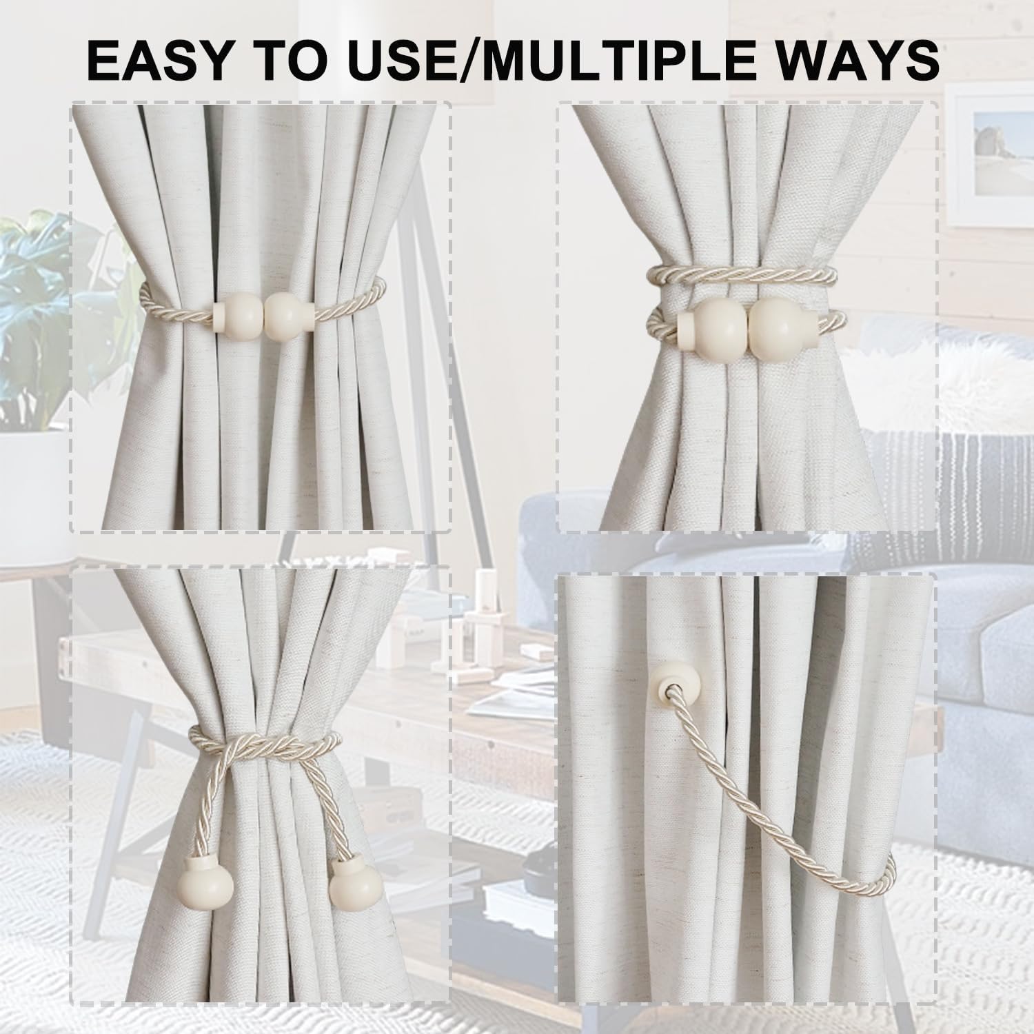6Pcs Magnetic Curtain Tiebacks Modern Handmade Rope Curtain Tie Back Beige | Decorative Drapes Weave Holdbacks for Home